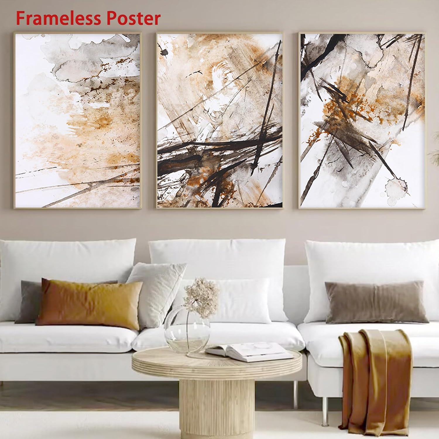 BACKYMRJCART Abstract Brown Wall Art - 16x24inch Frameless Canvas Prints - Grey Brown Beige Watercolor Art - Set of 3 - Perfect for Bedroom Decor, Living Room, Kitchen, Office