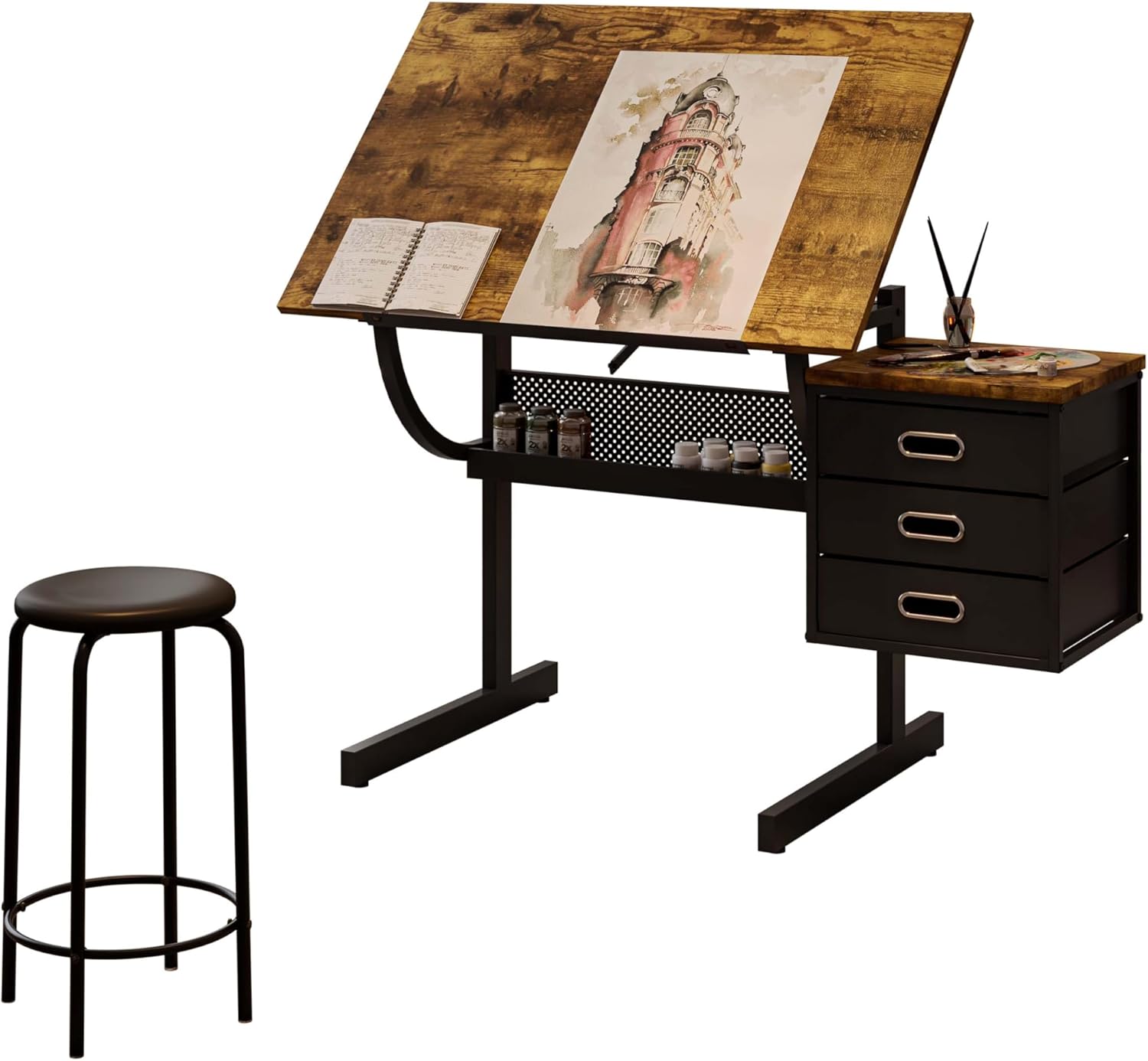 HRVEOCEI Drafting Table Desk with 2 Fabric Drawers, Art Desk with Storage & 4 Wheels, Art Table for Adults with Two 24" Pencil Ledge for Holding Paints, Pens, Adjusted 0-75 Degrees (Brown - 0-75)