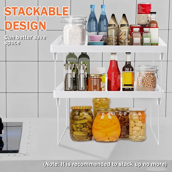 Eidoct 4-Pack Stackable Kitchen Storage Shelves - White Foldable Organizer Rack for Cabinet, Pantry & Counter | Expandable Shelf Organizer for Spices & Food (Multi-Purpose)