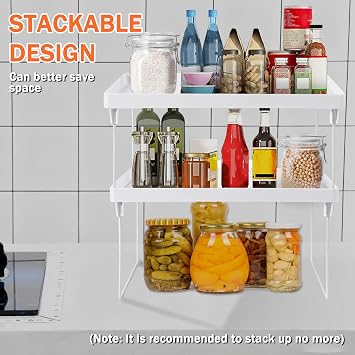Eidoct 4-Pack Stackable Kitchen Storage Shelves - White Foldable Organizer Rack for Cabinet, Pantry & Counter | Expandable Shelf Organizer for Spices & Food (Multi-Purpose)