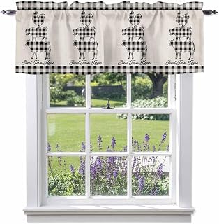 Valances for Windows Animals Cow Pig Chicken Black Buffalo Plaid Rod Pocket Short Curtain for Bathroom Living Room Bedroom Sweet Farm House on Retro Linen 1 Panel 42x12in