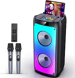 JYX Karaoke Partybox Profissional +2 Microfones Sem Fio, Karaoke Portatil com Luzes de Disco, Subwoofers de Palco, Suporte Bluetooth/TF/USB/AUX/TWS/REC/FM, Controle Remoto, para Festas e Outros