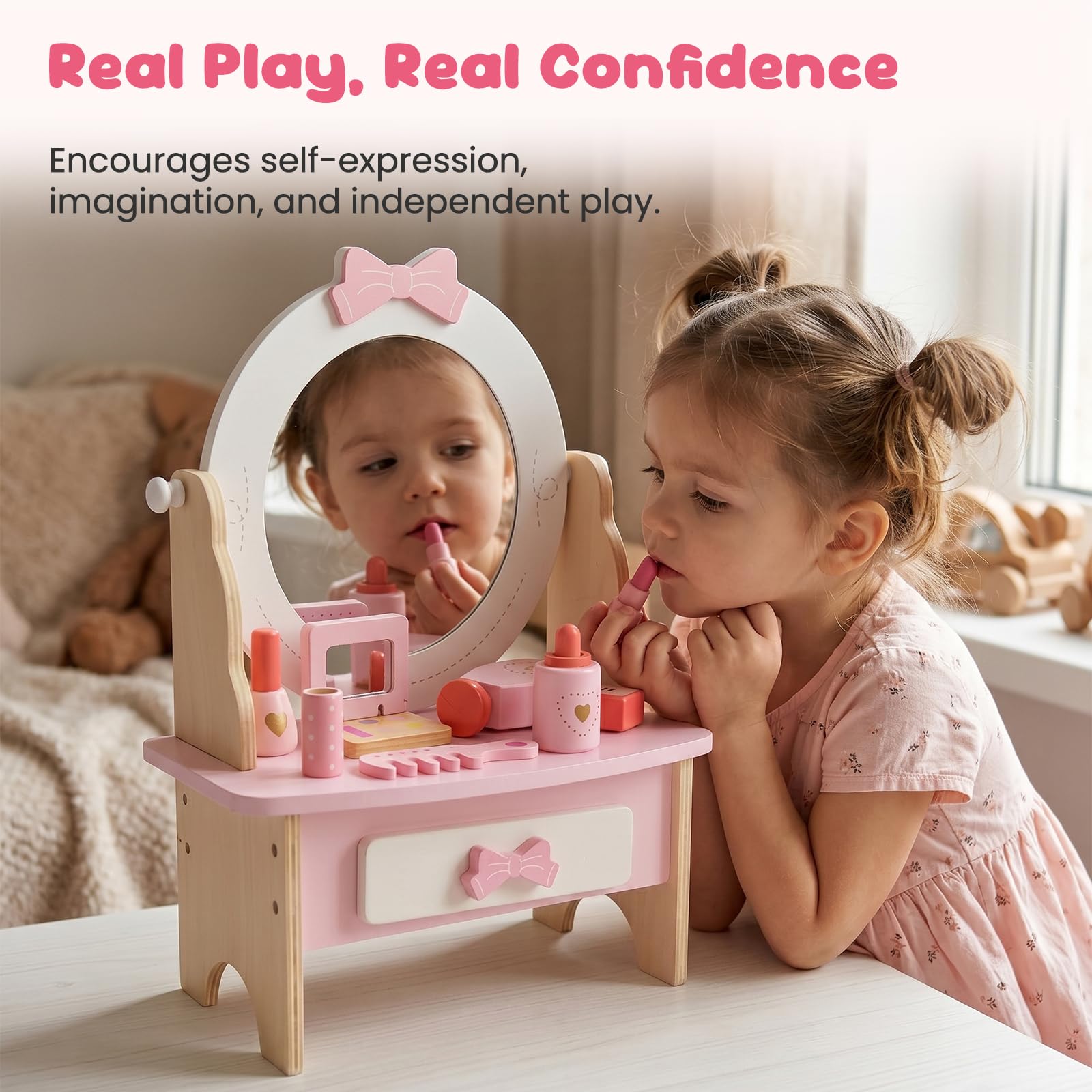 Set da toeletta in legno per bambini, giocattolo da tavolo con specchio girevole a 360°, set di accessori per il trucco, regalo per bambine dai 3 anni in su (bianco)