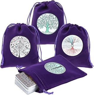 CREATCABIN 4Pcs Tarot Cards Bags Pouches Drawstrings Bags Tarot Cards Holder Pouches Tarot Deck Storage Velvet Bags Purple Tree of Life Tarot Jewelry Wrap Bags for Crystals Dices Witchcraft 5x6Inch
