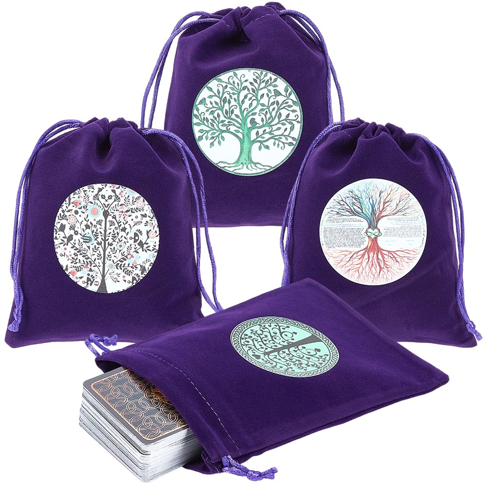 CREATCABIN 4Pcs Tarot Cards Bags Pouches Drawstrings Bags Tarot Cards Holder Pouches Tarot Deck Storage Velvet Bags Purple Tree of Life Tarot Jewelry Wrap Bags for Crystals Dices Witchcraft 5x6Inch