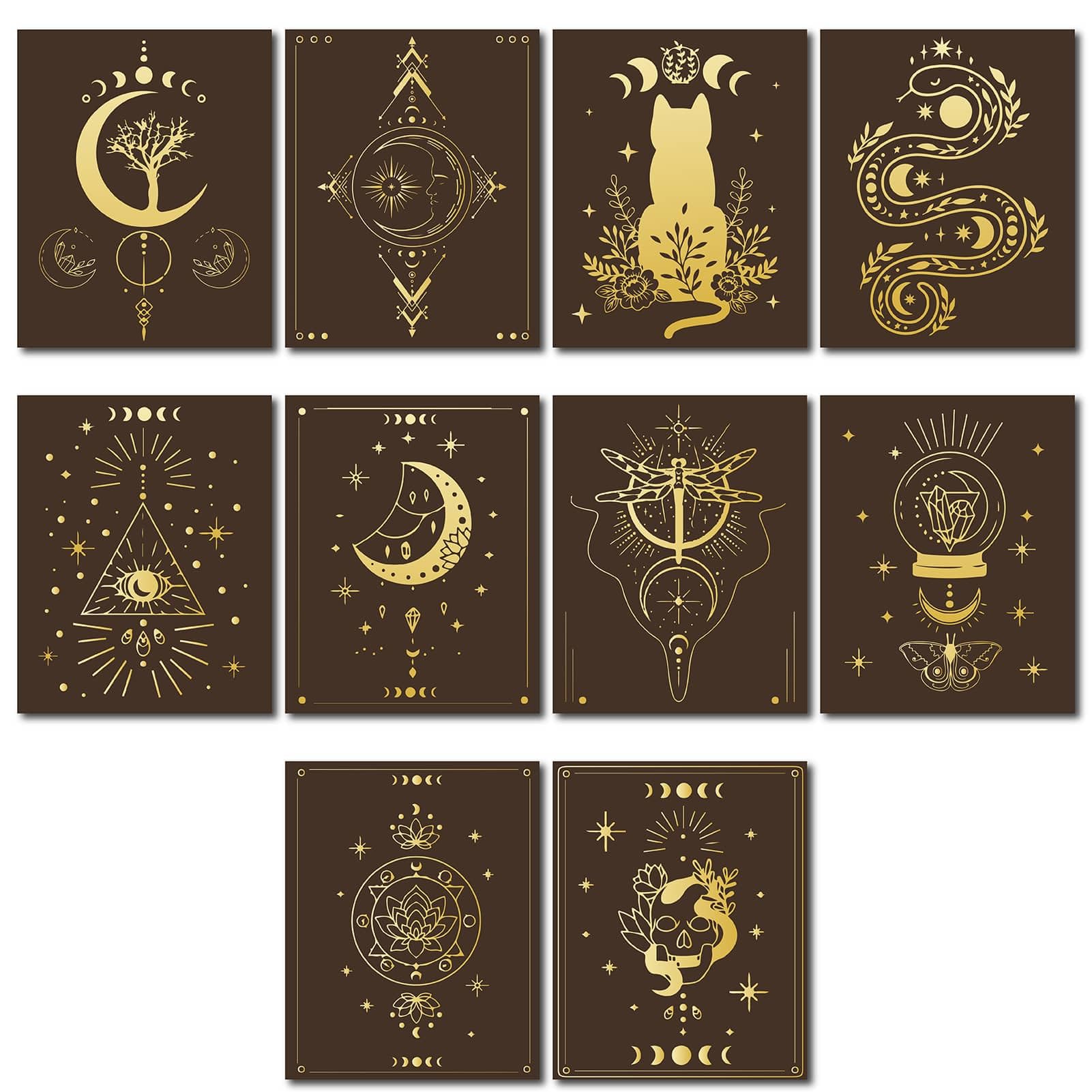 CREATCABIN 10pcs Canvas Prints Wall Art Tarot Black Poster Hanger Set Witch Decor Gothic Moon Phase Lotus Cat for Living Room Bedroom Bathroom Home Gift Decorations 8 x 10 Inch,Unframed