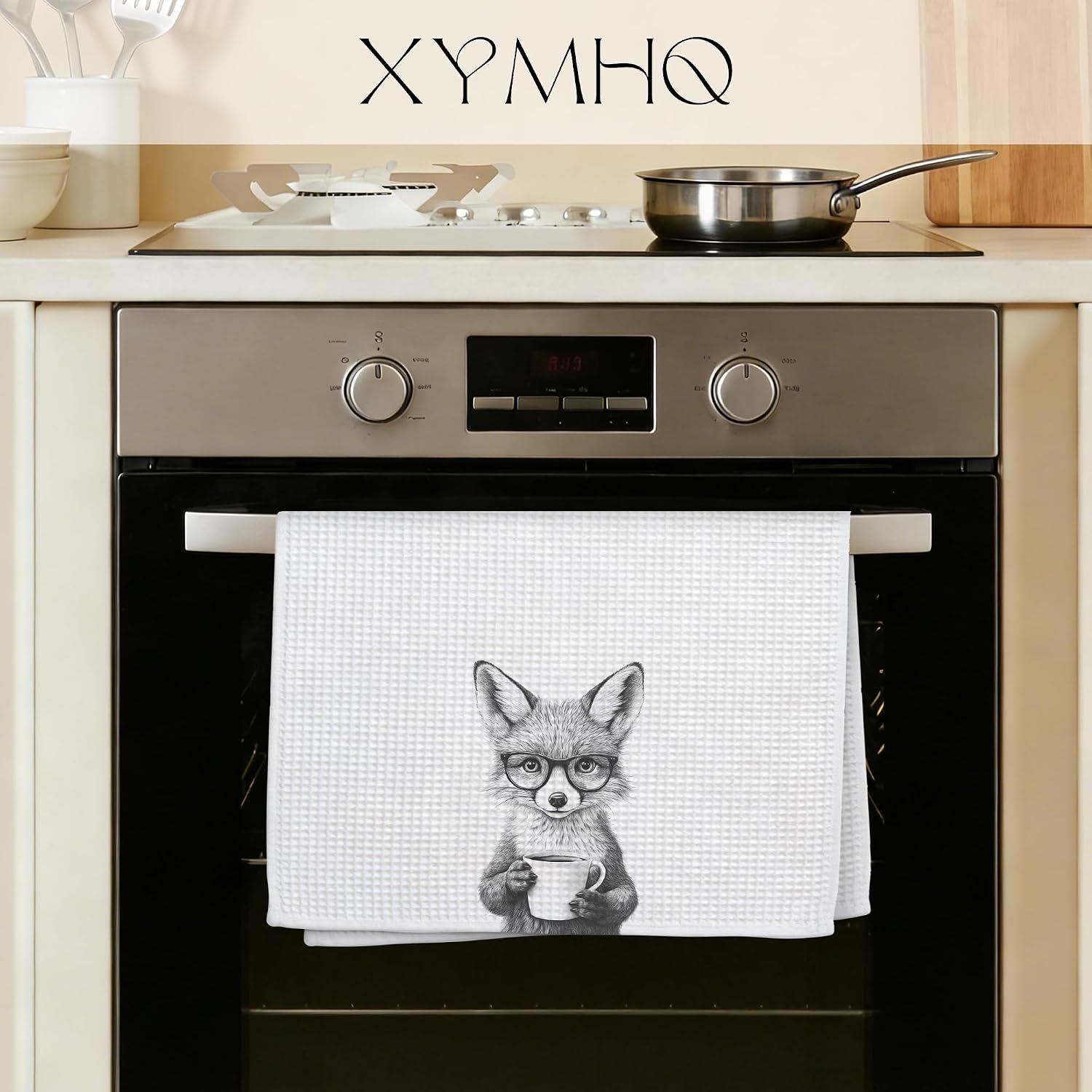 Funny Fox Gift Kitchen Towel, Cute Animal with Glasses Drinking Coffee, Woodland Decor, Coffee Bar Accessories, Fox Lover Gift, Humorous Dish Towel, 16x24 Inch image 2