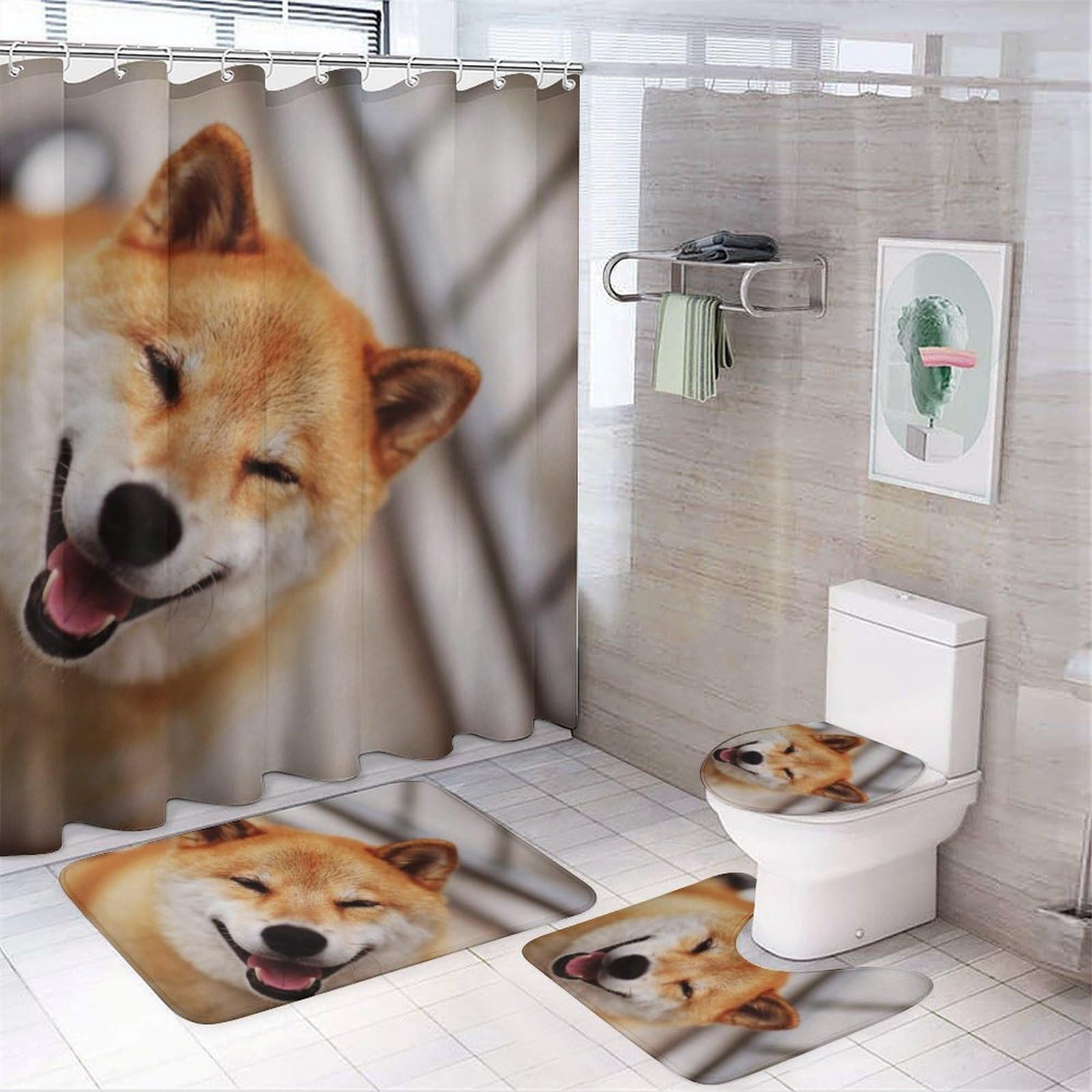 JZemdybill Bathroom Mat Set 4 Piece, Smile Shiba Inu Shower Curtain with Non-Slip Bath Mats for Bathroom