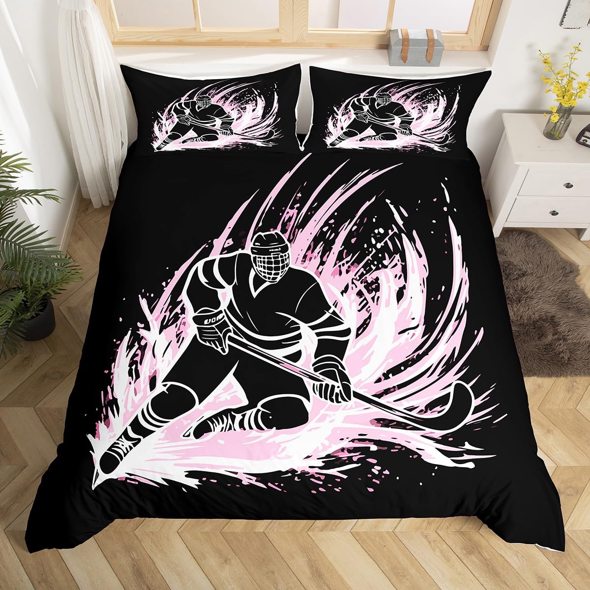 Homemissing Ice Hockey Bedding Set for Kids Single Size, Hockey Player Comforter Cover Ice Sports Games Duvet Cover Winter Sports Bedspread Cover Microfiber Bed Set With 1 Pillow Case (No Comforter)