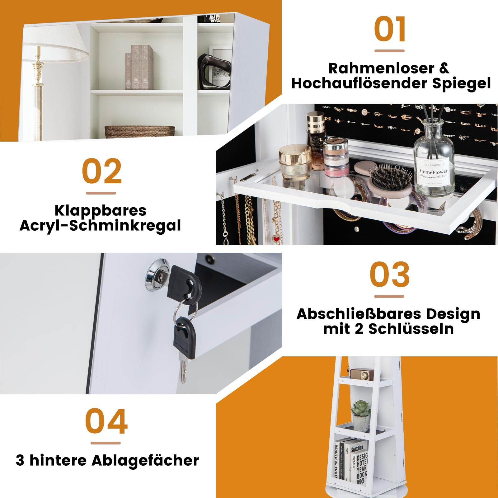 COSTWAY Szafka na biżuterię z lustrem na całe ciało, szafka z lustrem LED, bez ramy, organizer na biżuterię, obracany o 360° i zamykany, do przechowywania biżuterii (biała)