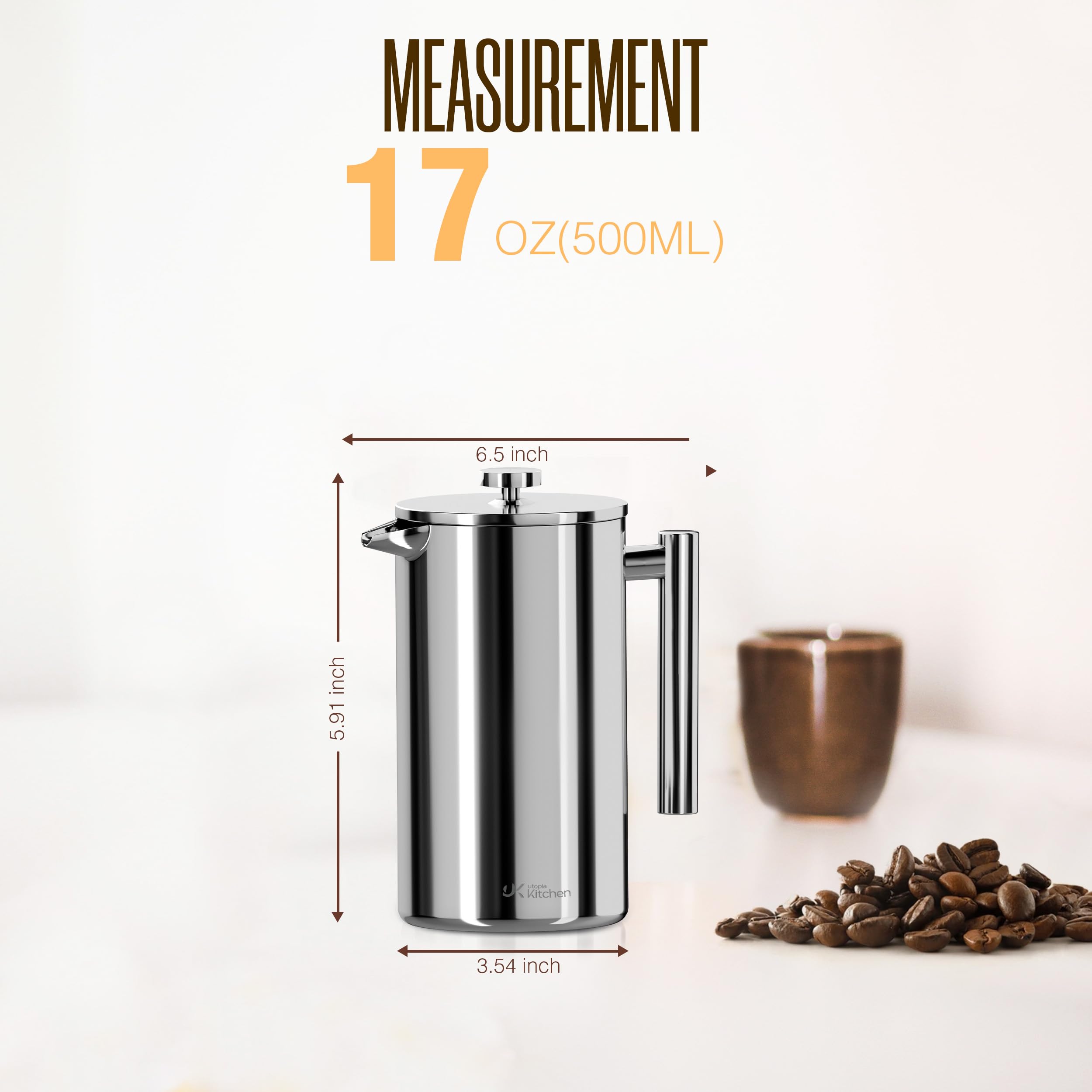 Utopia Kitchen - Cafetera de pistón con pistón de 0,5 litros de acero inoxidable con doble pared aislada con sistema de filtración de 4 niveles, incluye 2 filtros adicionales, antioxidante, plateado