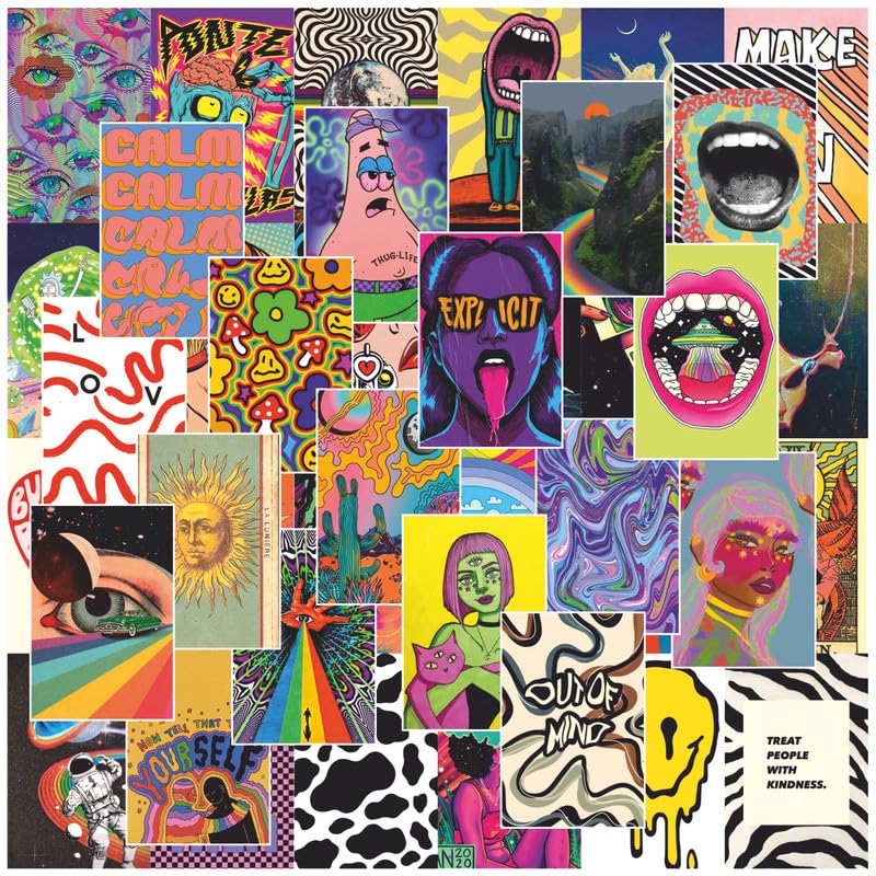 Image of POSTERONN Indie Y2K Wall Collage Kit Set of 54 Aesthetic Hippie 4x6 Inch Posters Premium Cardstock Prints with Glue Dots Retro Room Decor for Bedroom Dorm Office Living Room Gallery Wall Set