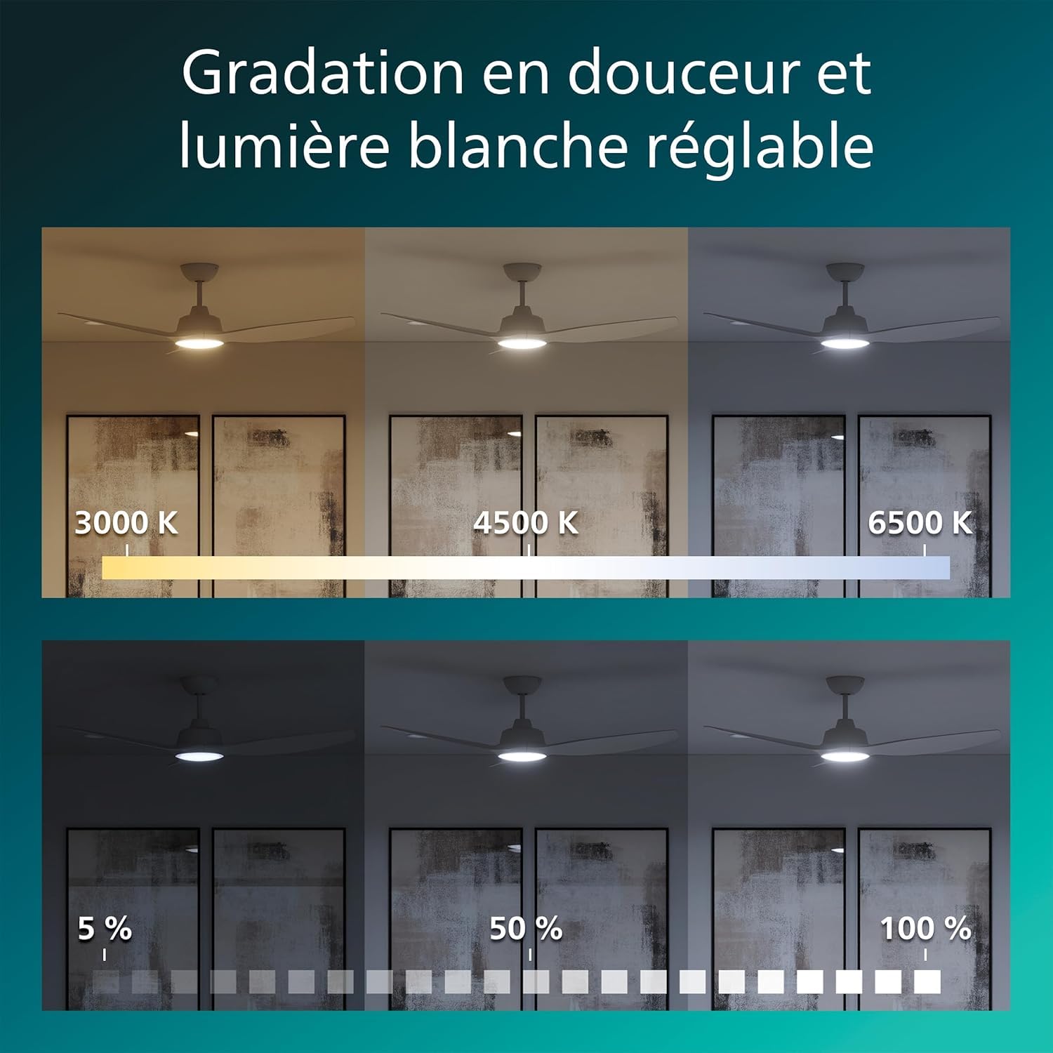 PHILIPS Ventilateur de Plafond à Pales Fixes avec LED, 3 Pales, 132 cm de Diamètre, 2650 Lumens, Lumière Blanche Réglable de 3000 à 6500 K, Variable jusqu'à 5%, avec Télécommande, Blanc/Bois