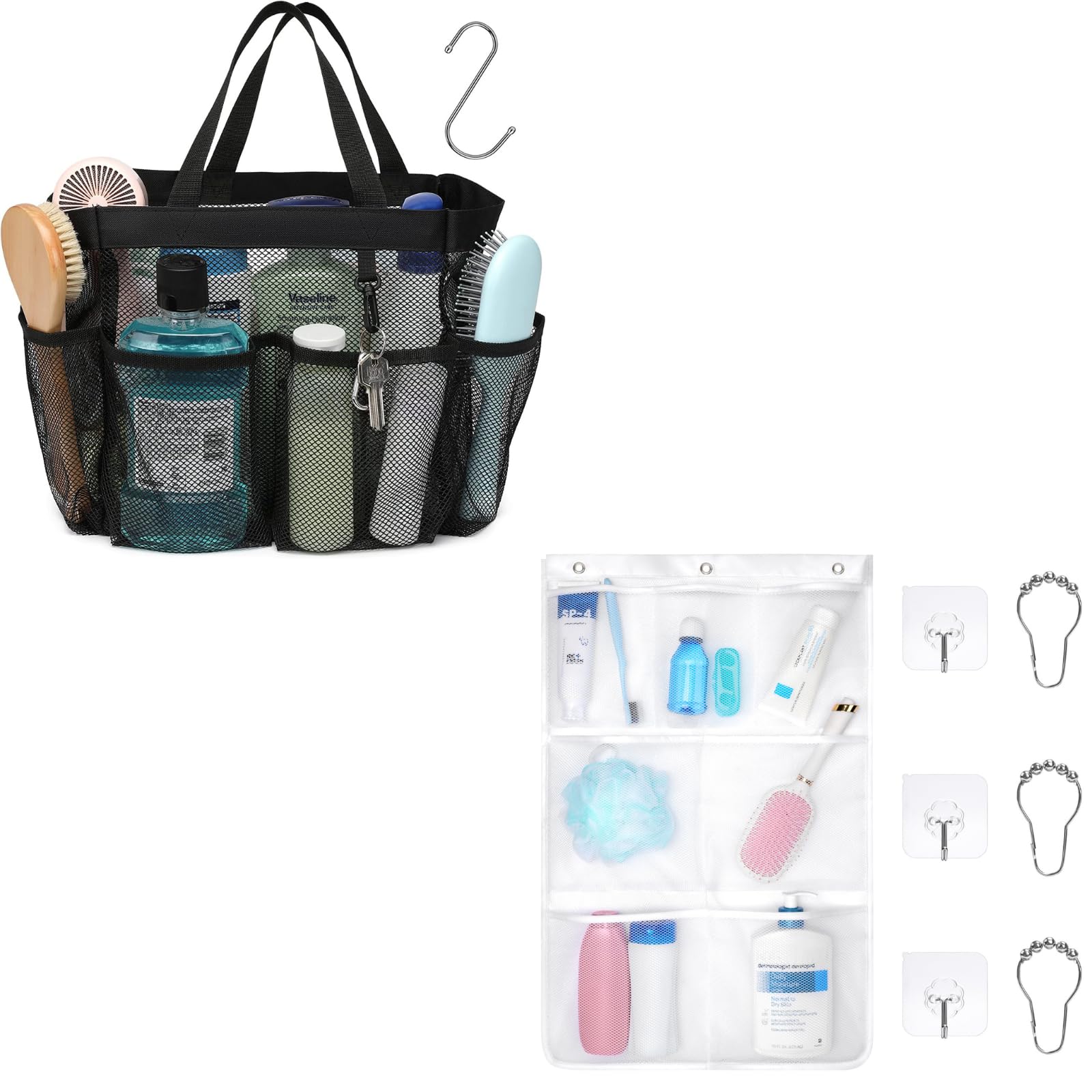 F-color Mesh Shower Caddy Portable Black Bundle and Shower Organizer Hanging White