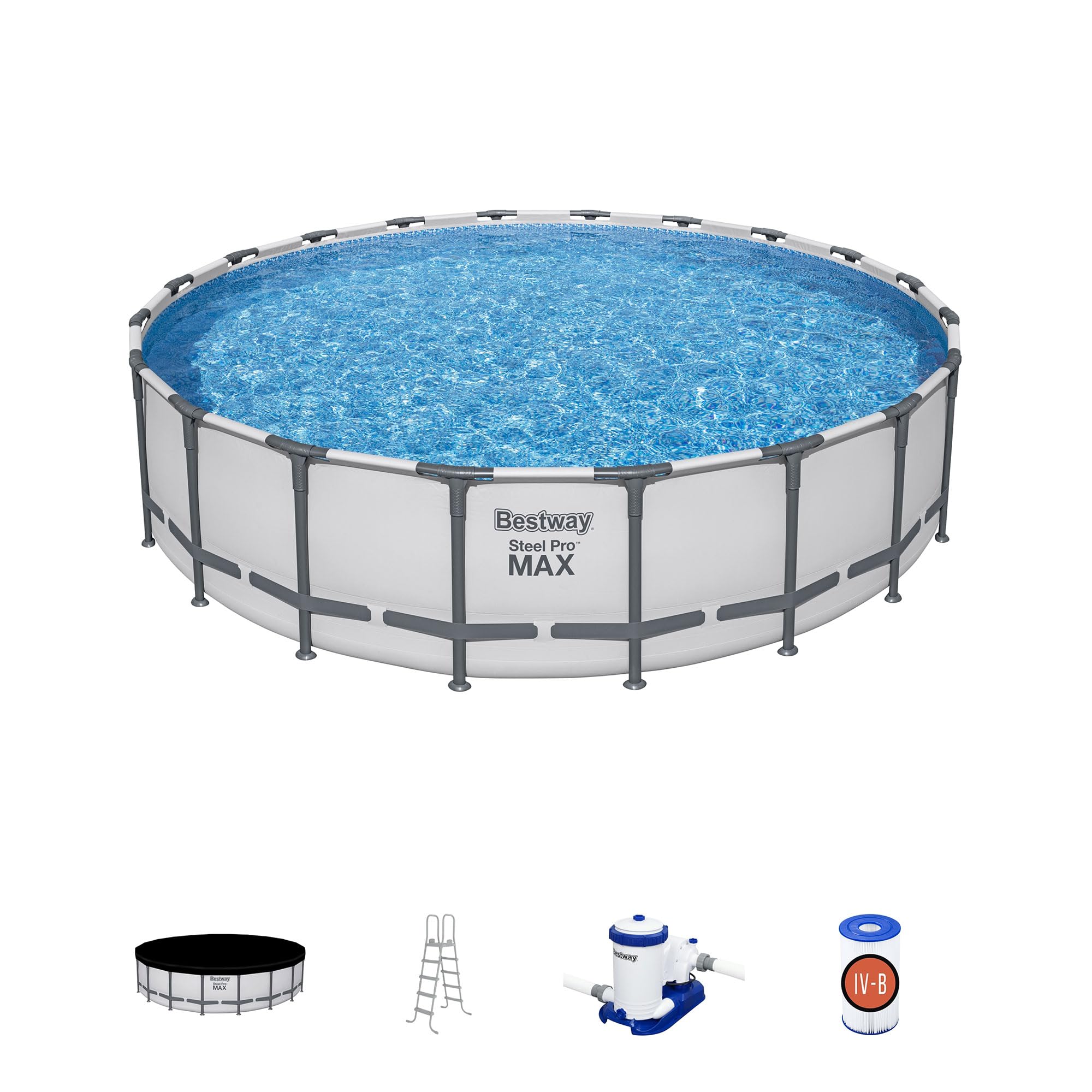 Bestway Steel Pro MAX 366X100Cm Round Above Ground Swimming Pool Set Outdoor Metal Frame Family Pool with Filter Pump, Ladder, and Cover, 26-56260 Gray