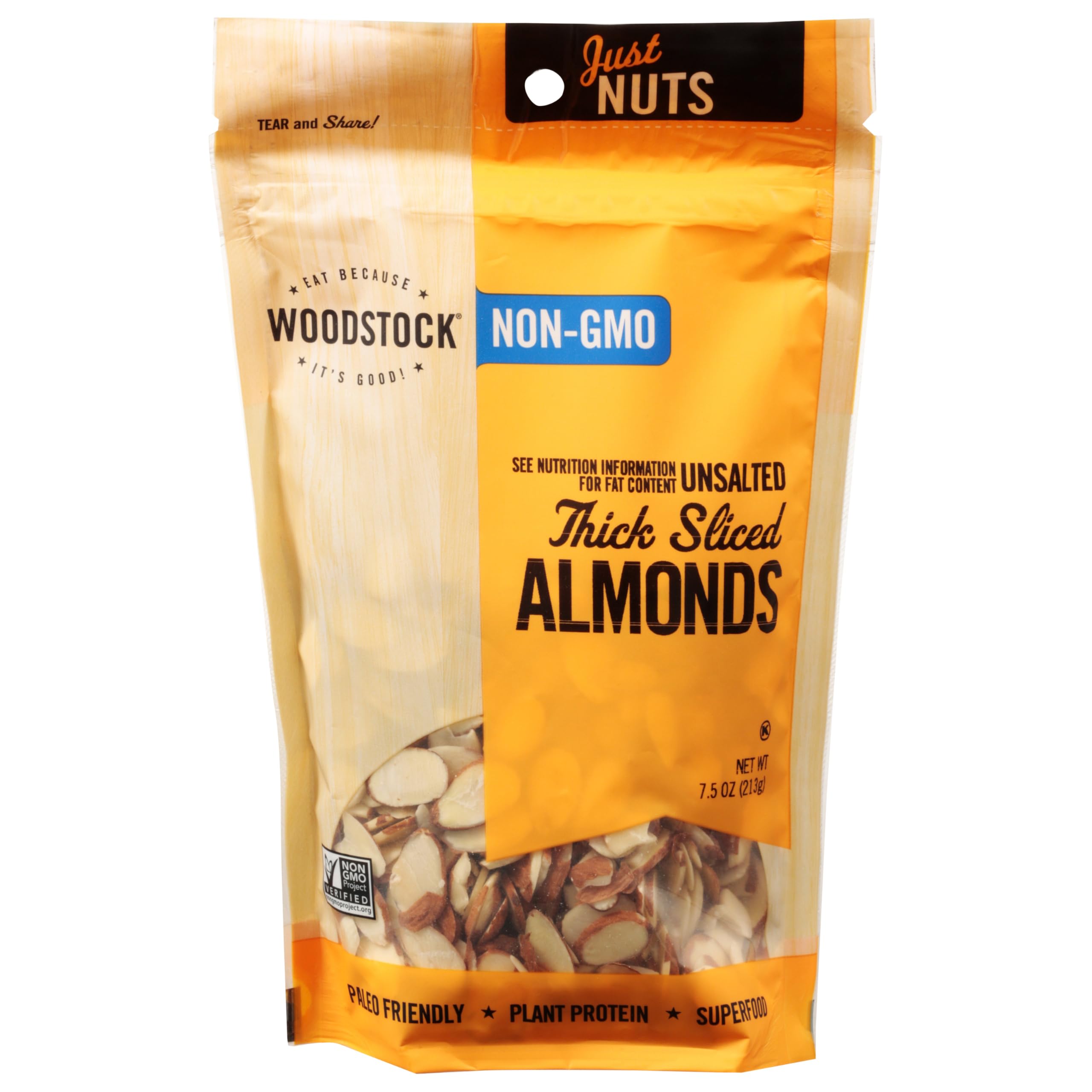 WOODSTOCK ALMONDS RAW THICK SLCD 7.5OZ