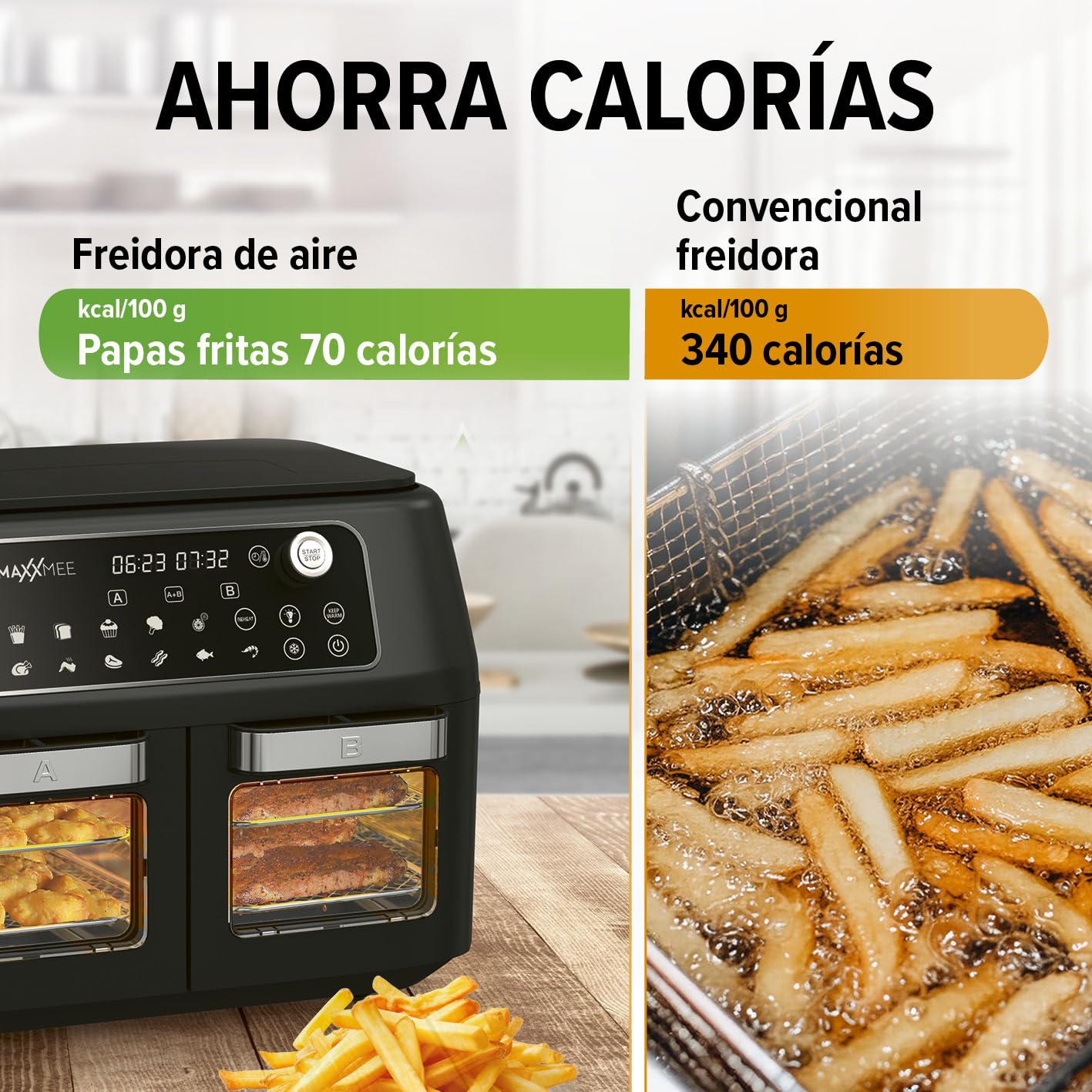 MAXXMEE Freidora de aire caliente de doble cámara 11 l | Combinación inteligente de horno de aire caliente, parrilla y freidora con 2 compartimentos XXL de 5,5 litros cada uno | Panel de control