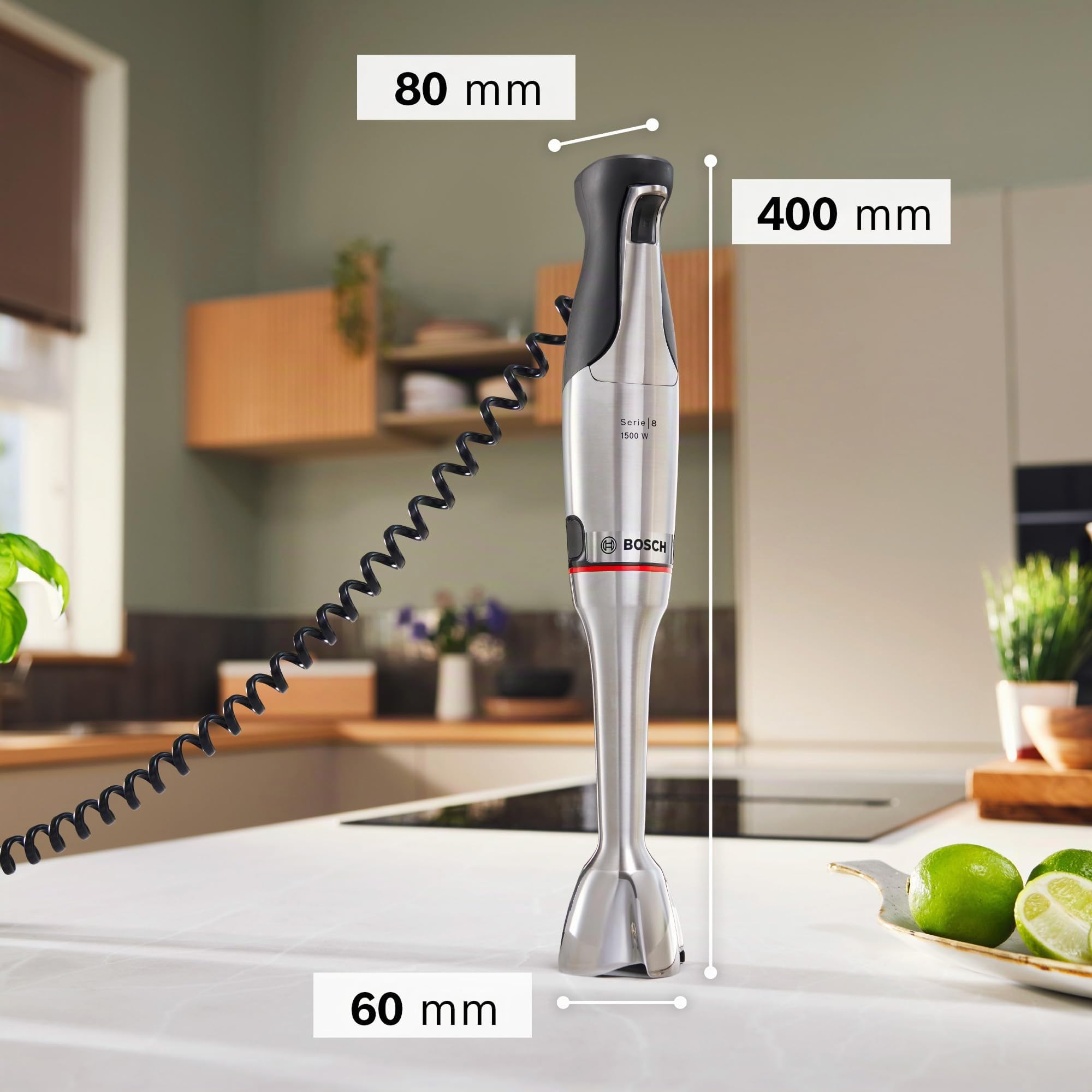 Bosch, mixeur plongeant, ErgoMaster Série 8, moteur 1500 W, réglage de vitesse intuitif, 6 lames, accessoires inclus, acier inoxydable, MSM8M930