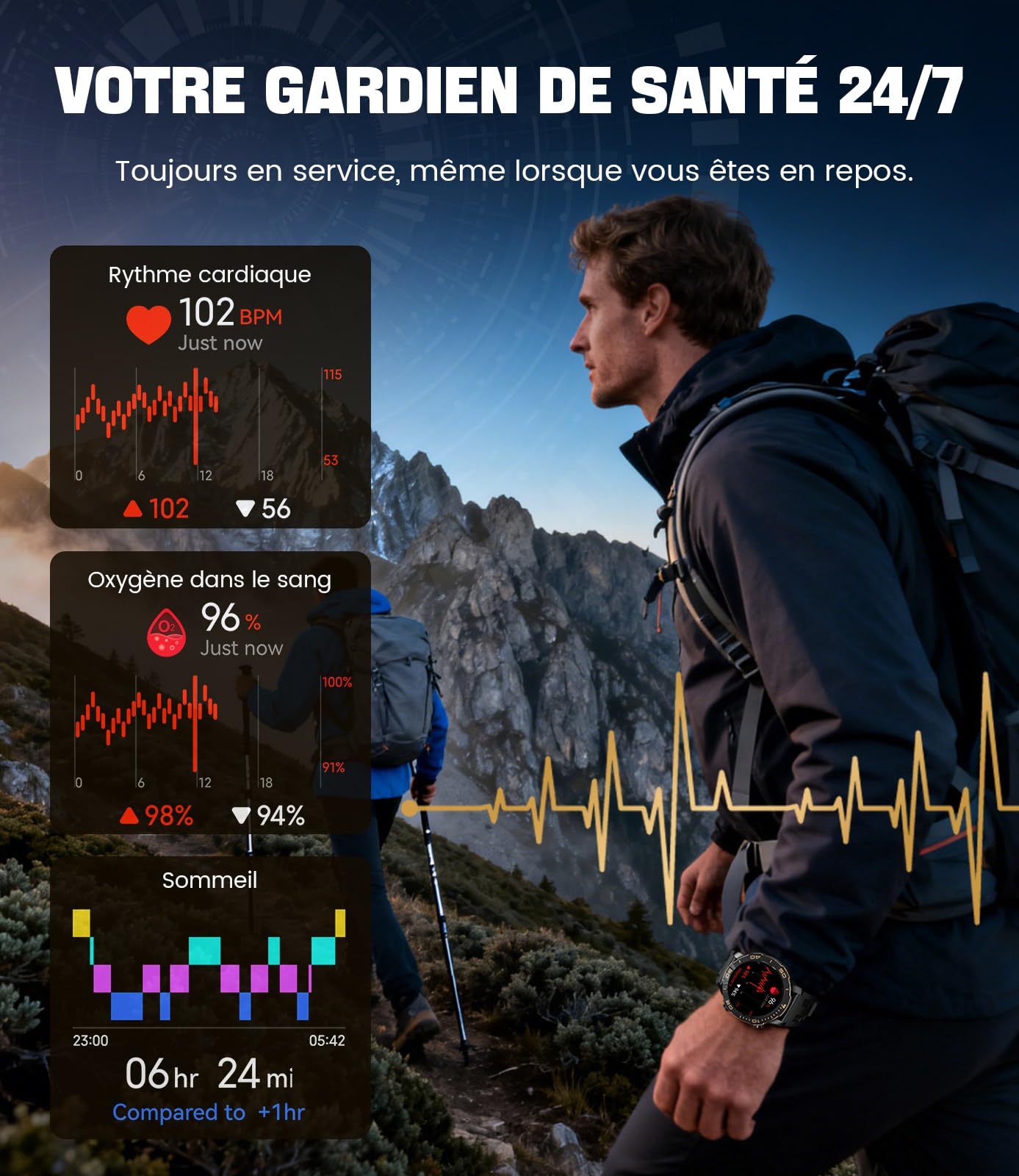 Montre Connectée Homme Militaire, Appel Bluetooth Smartwatch avec 1.43"AMOLED Écran/800 Batterie, 170+Modes Sportifs, IP68 Étanche Fréquence Cardiaque/Suivi du Sommeil pour Android iOS, Noir
