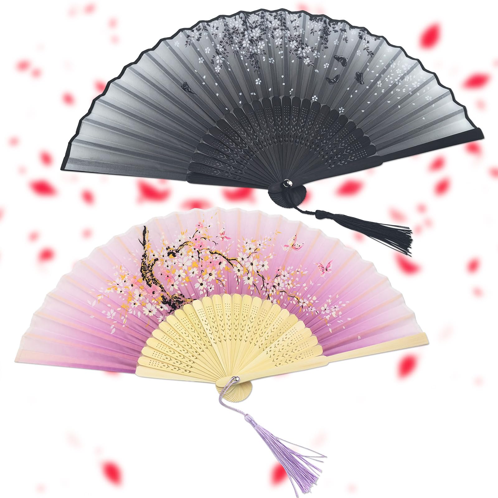 iwiio 2Pcs Hand Fan Folding Handheld Fan Folding Fan Chines/Spanish Fan With a Tassel Grade A Bamboo Ribs for Dancing Cosplay Wedding Party Props Decoration