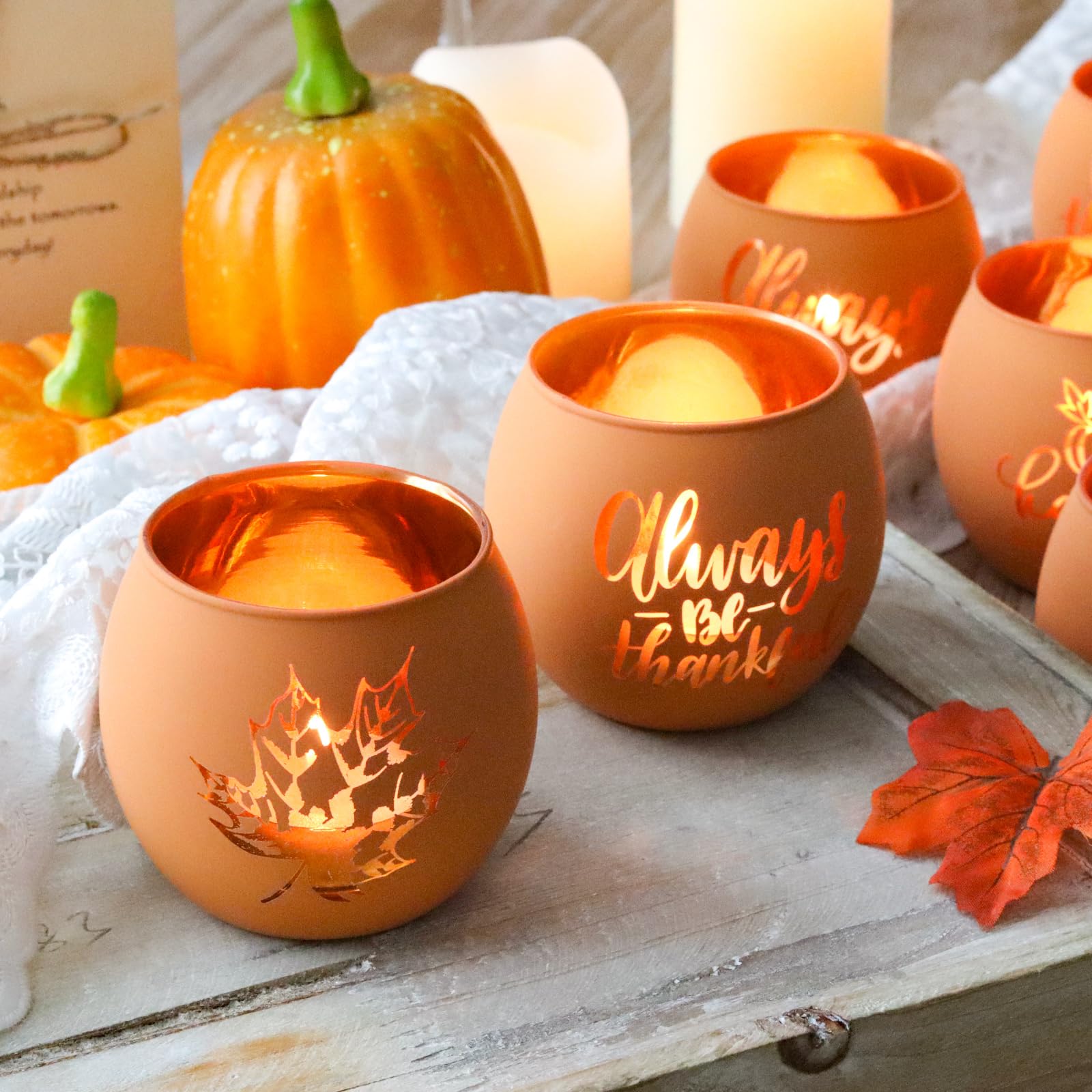WDHODEC Portavelas de Acción de Gracias, 6 piezas de cristal de calabaza naranja para otoño, boda, fiesta, centro de mesa, decoración de Acción de Gracias, decoración de interiores y exteriores