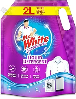 Mr White Liquid Detergent 2L Super Saver Pack Whiteness Boosters Gives Ultimate Whiteness No Bleach Formula Keeps Clothes Bright & Safe Ideal for Front Load, Top Load Machines and Bucket Wash
