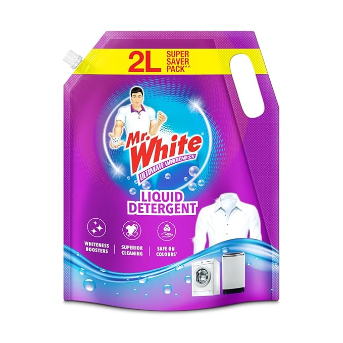 Mr White Liquid Detergent 2L Super Saver Pack | Whiteness Boosters Gives Ultimate Whiteness | No Bleach Formula Keeps Clothes Bright & Safe | Ideal for Front Load, Top Load Machines and Bucket Wash