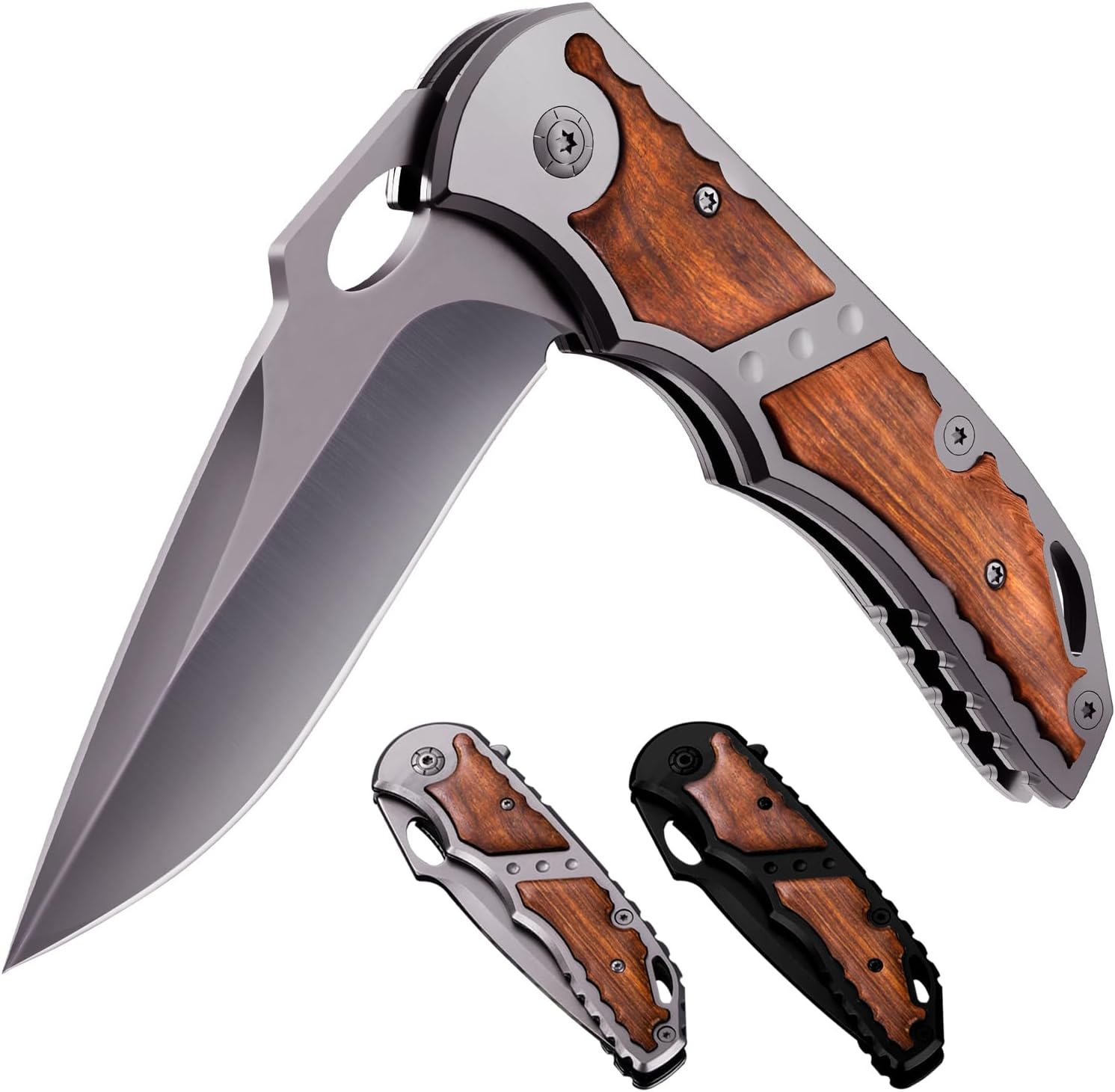 Pocket Knife for Men - 5Cr15MoV Sharp Folding Blade with Wood Handle - Best Durable Knives for EDC Camping Survival Work Outdoor - Mens Gifts Idea for Dad Husband Boyfriend Stepdad - Silver 97010