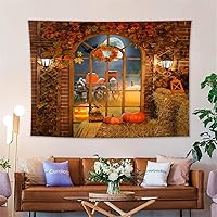 Vista 12 de HVEST Tapiz de otoño para colgar en la pared, diseño rústico de calabaza, Acción de Gracias, bosque de arce, paisaje natural para sala de estar