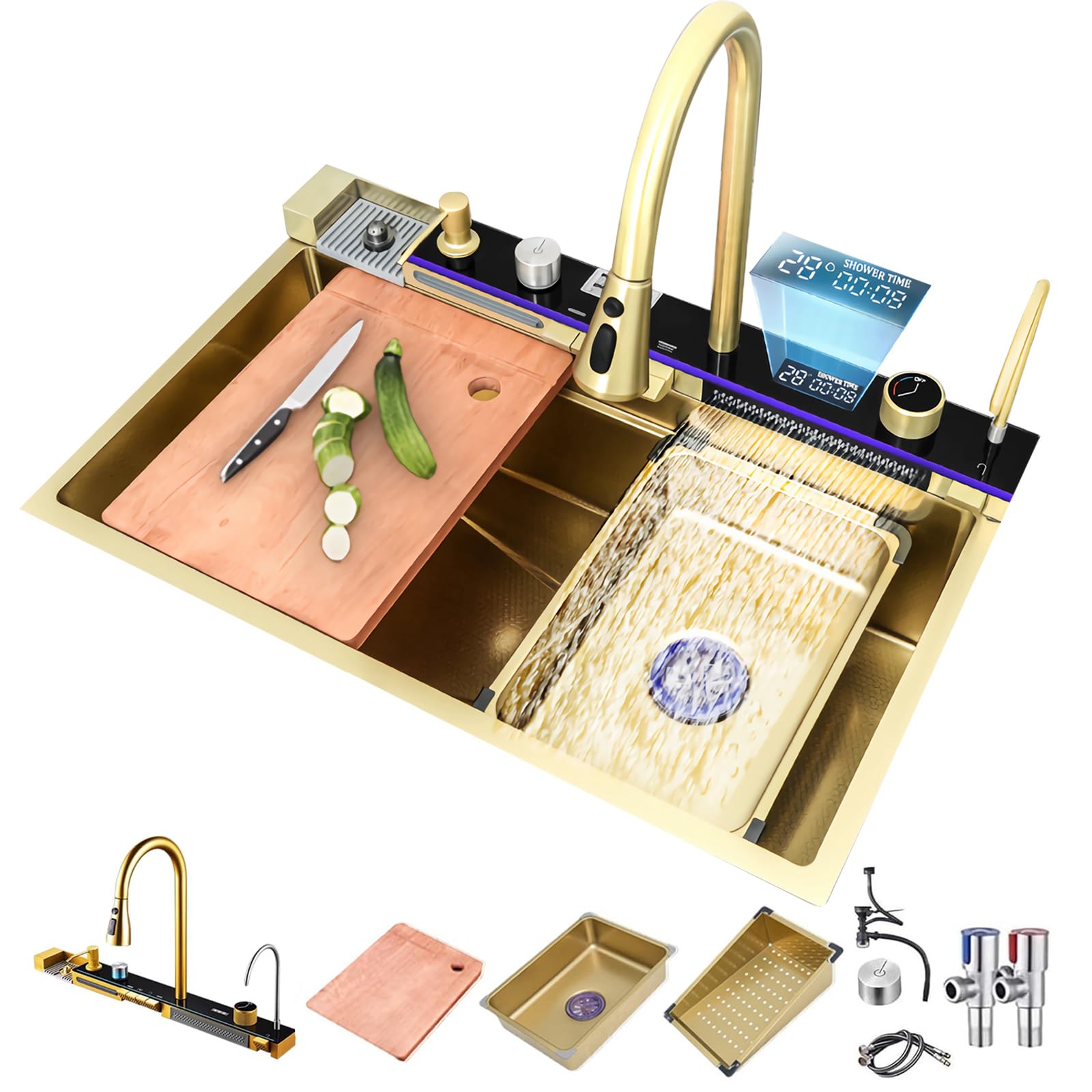 Évier de cuisine en acier inoxydable cascade 85x45 cm or avec robinet numérique encastré