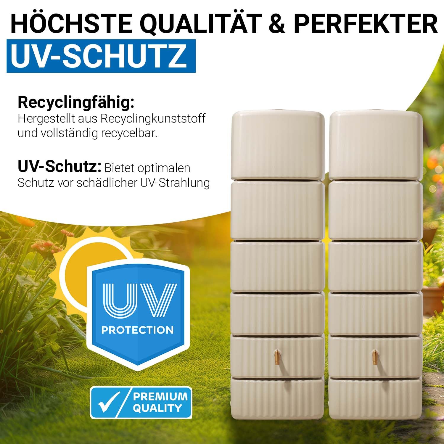 4rain Slim Regentonne Set 660 L, sandbeige, 2X Slim 330 L, inkl. Verbinder | Wandtank, Wassertank, Regenfass, Regenwassertonne, Wasserbehälter, Fass, Regenwassertank, Wasserfass, Wassertonne