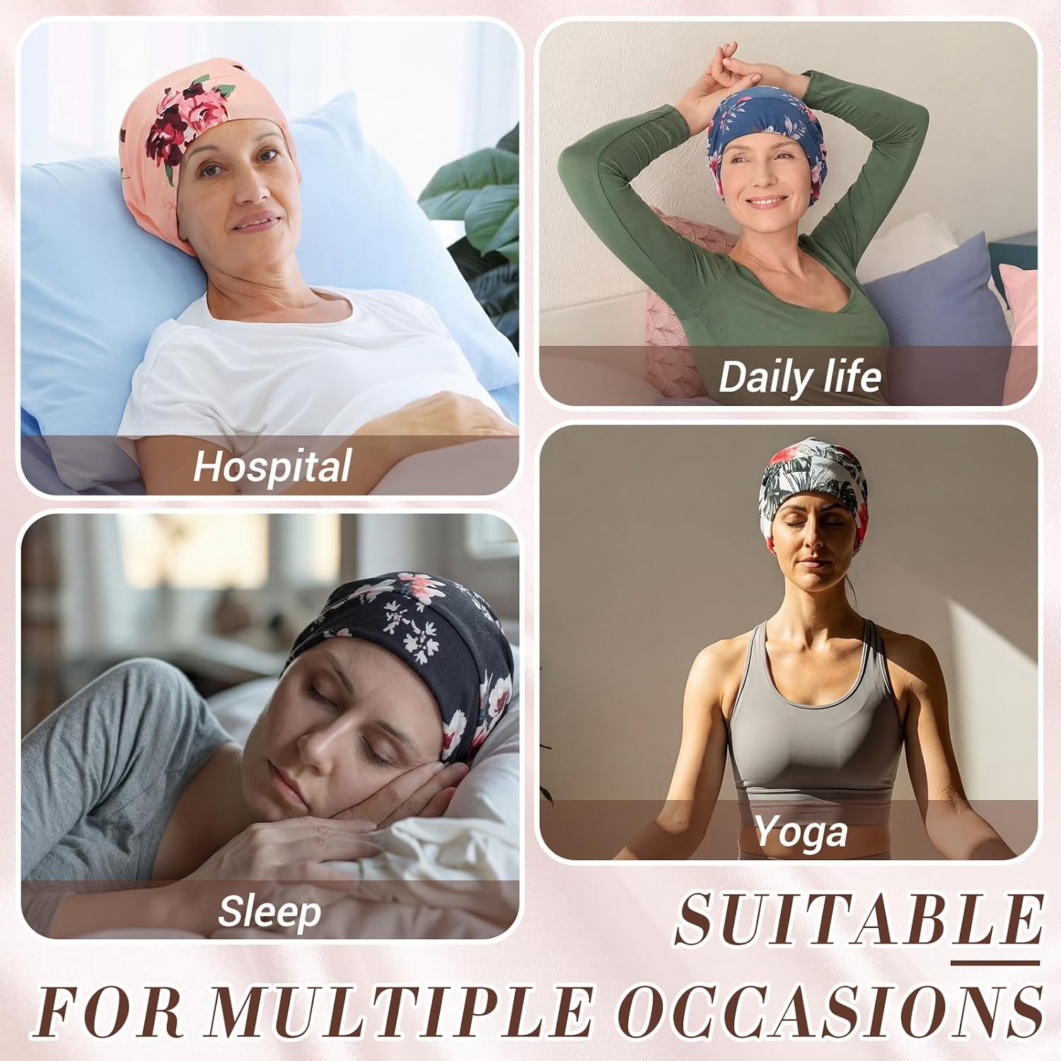 Chicingyou 4 Pcs Floral Print Satin Lined Sleep Cap for Curly Hair, Soft Adjustable Head Wrap for Women, Fashion Flower Pattern Turban for Sleeping, Hair Protection Bonnet for Daily Use and Gifts