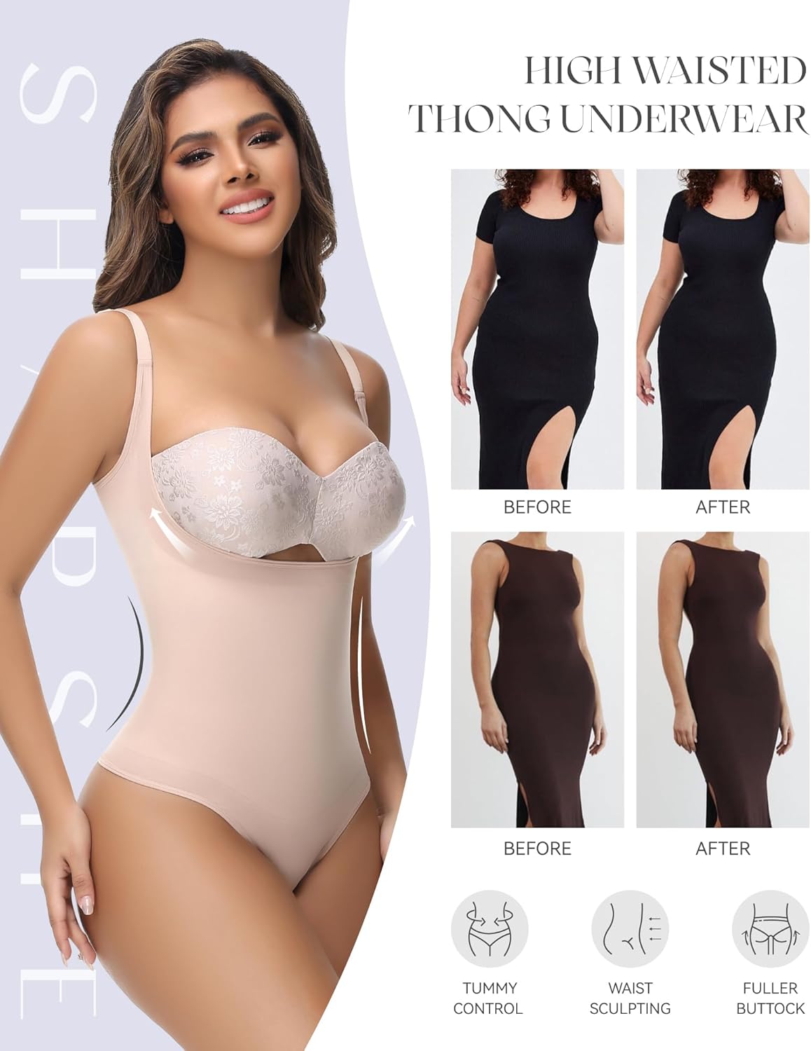 SHAPSHE Tummy Control Thong Shapewear For Women High Waisted Body Shaper Panties Slimming Girdle Compression Underwear - Image 3