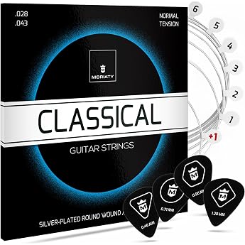 [Concert Guitar Strings] | Includes 4 Picks, Extra E String, eBook, Set of 6, Nylon, Silver Plated Basses, Classical Guitar, 