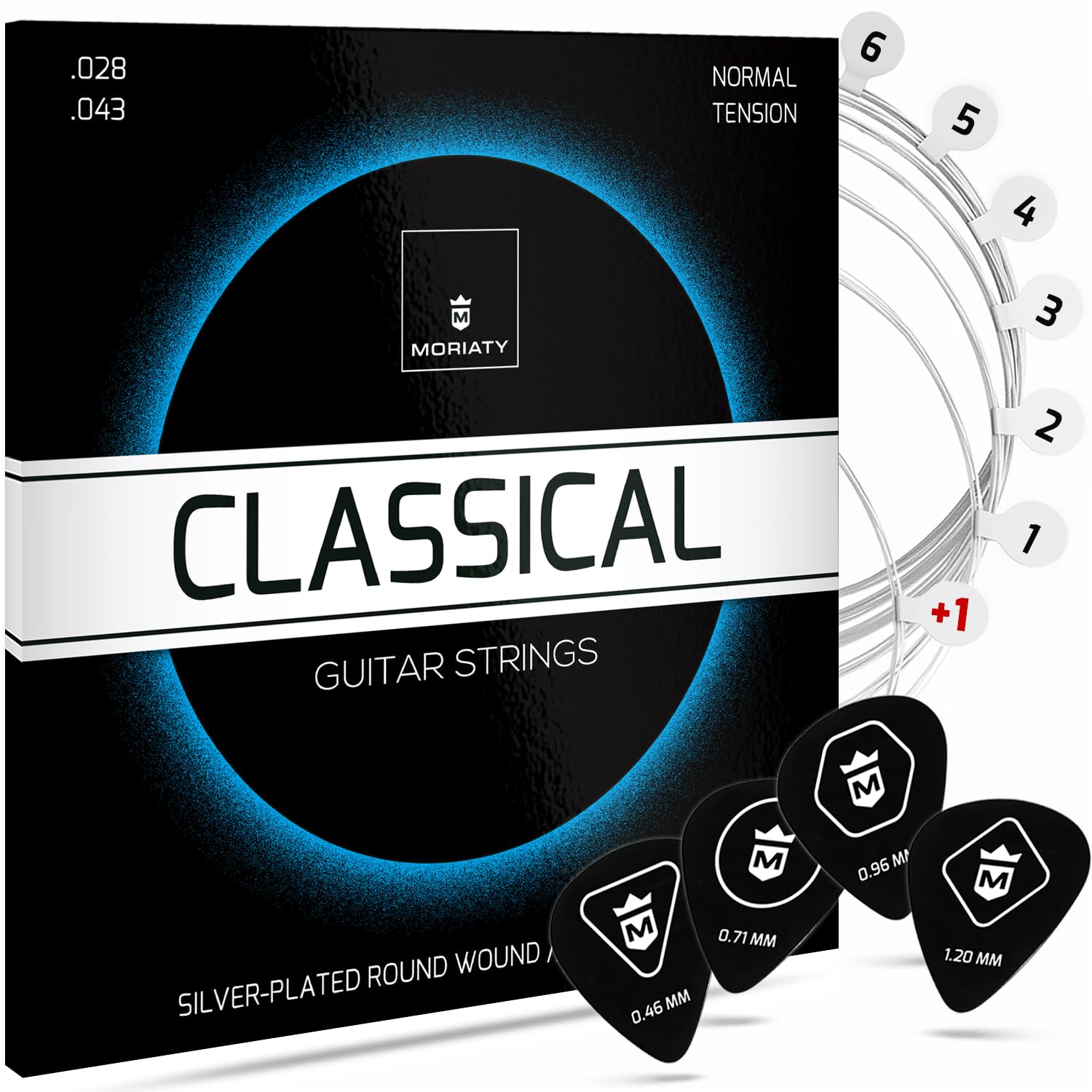 MORIATY® Gitarrensaiten Konzertgitarre – Saiten für klassische Gitarre (Nylon & Silber) | Akustikgitarre 6er Set inkl. 4 Plektren + Extra E-Saite | Hochwertige Guitar Strings