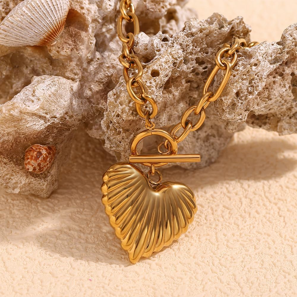 Chunky Gold Heart Necklace for Women 18K Gold Plated Paperclip Pendant Chain, Elegant Statement Jewelry Gifts for Her. - Image 4