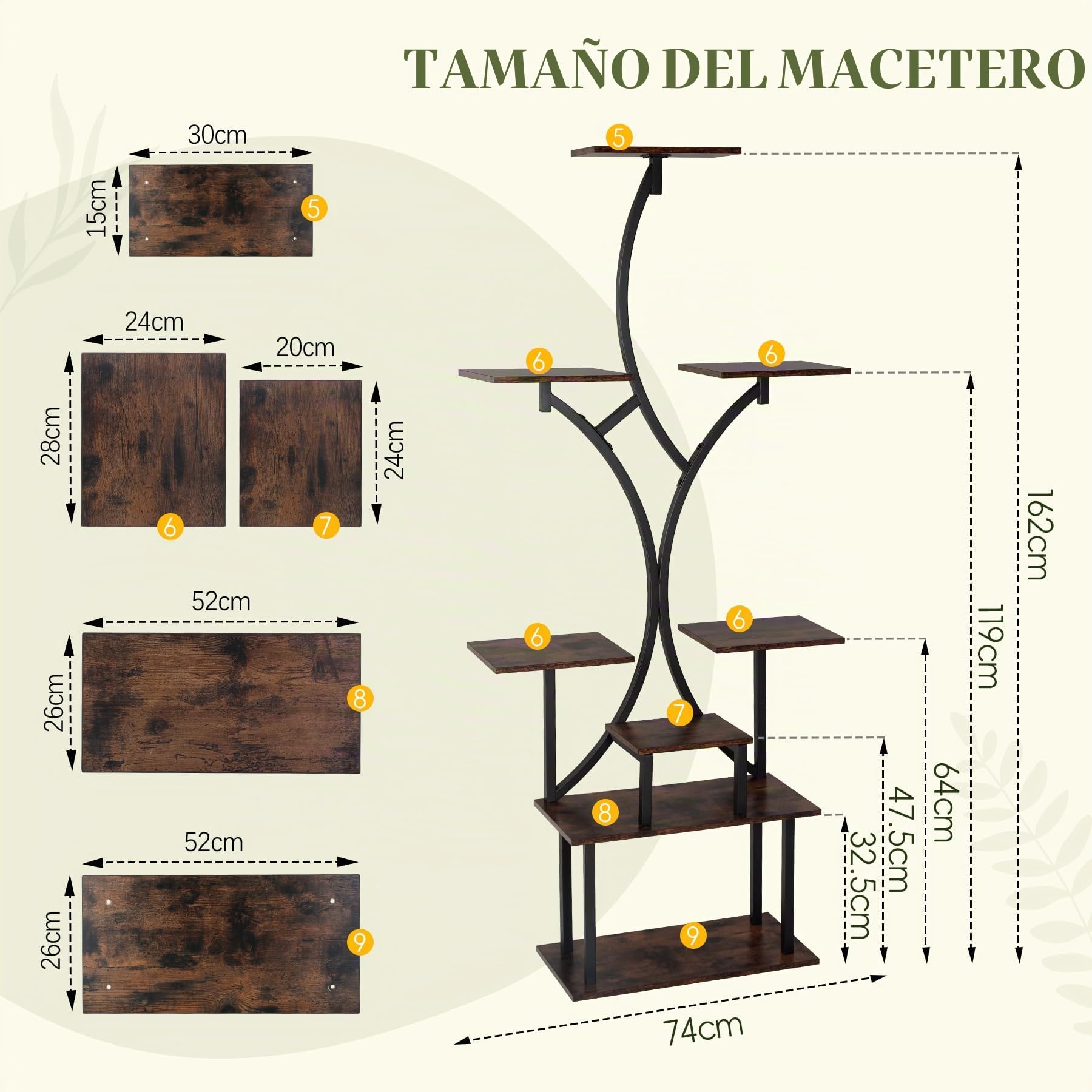 Soporte Plantas Interior con Luz de Crecimiento, 162 cm de Alto, Estanteria Plantas 8 Niveles, Soporte para Planta Madera & Metal para Salón, Terraza, Jardín, Balcón, Decoración Del Hogar