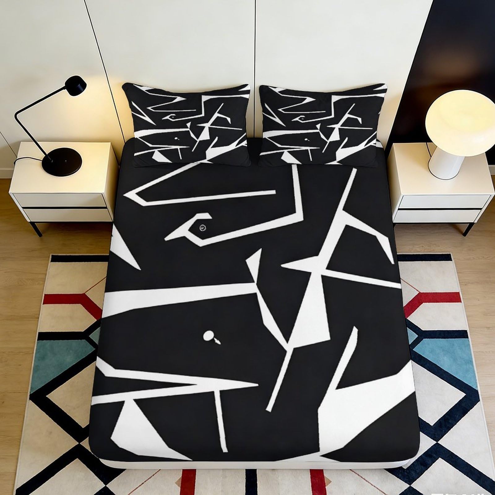 Jqzkxnhpbr Style-4 3D Printed Abstract Black White Fitted Sheet Microfiber Soft Breathable Geometric Bed Cover For Bedroom Guest Room 90X200x25cm