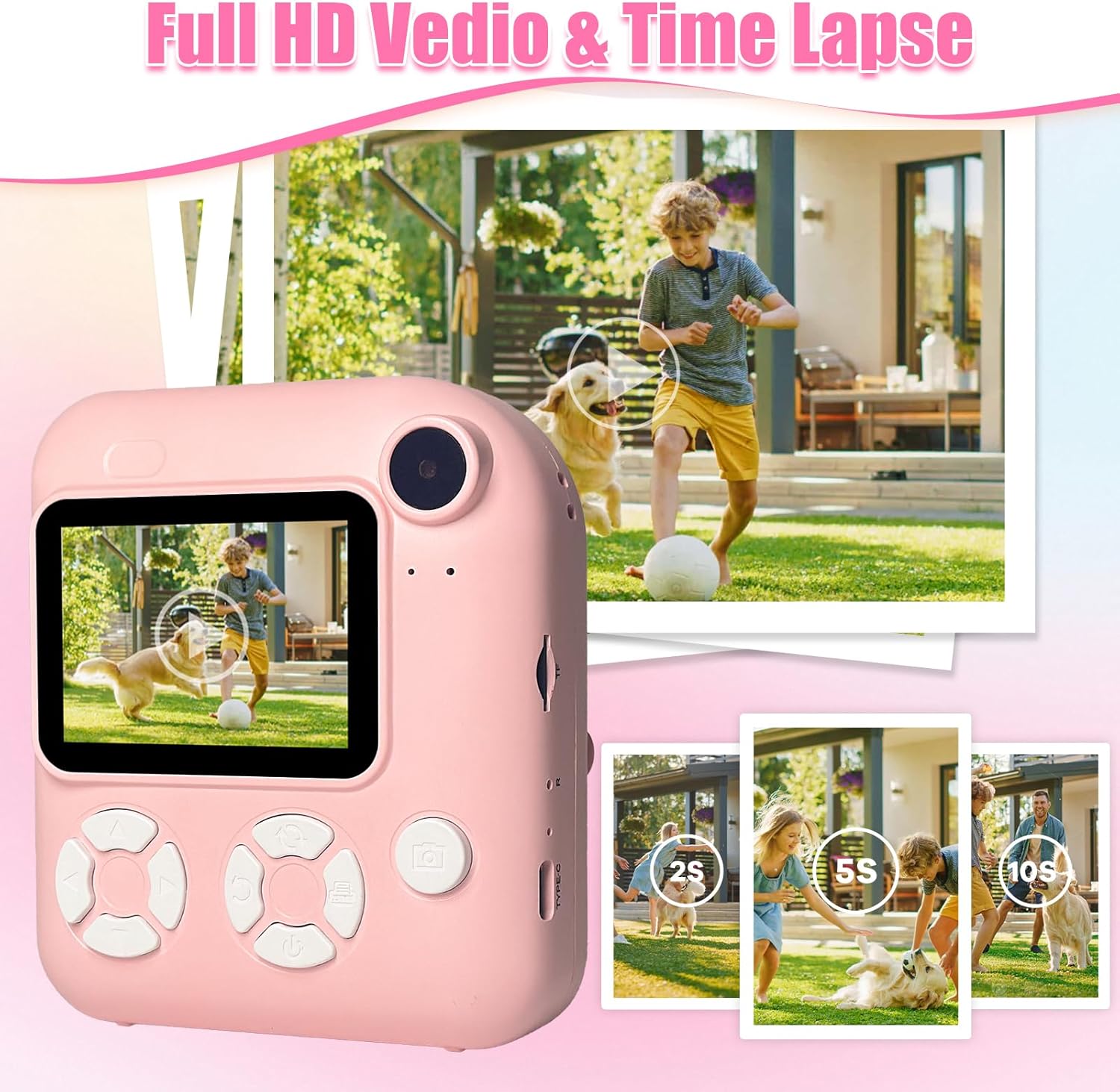Instant Print Camera for Kids, Christmas Birthday Gifts for Kids Ages 3-12, 16X Zoom,1080P Vedio Selfie Digital Camera,Toddler Portable Toy for Girls and Boys with 32GB TF Card (Pink)