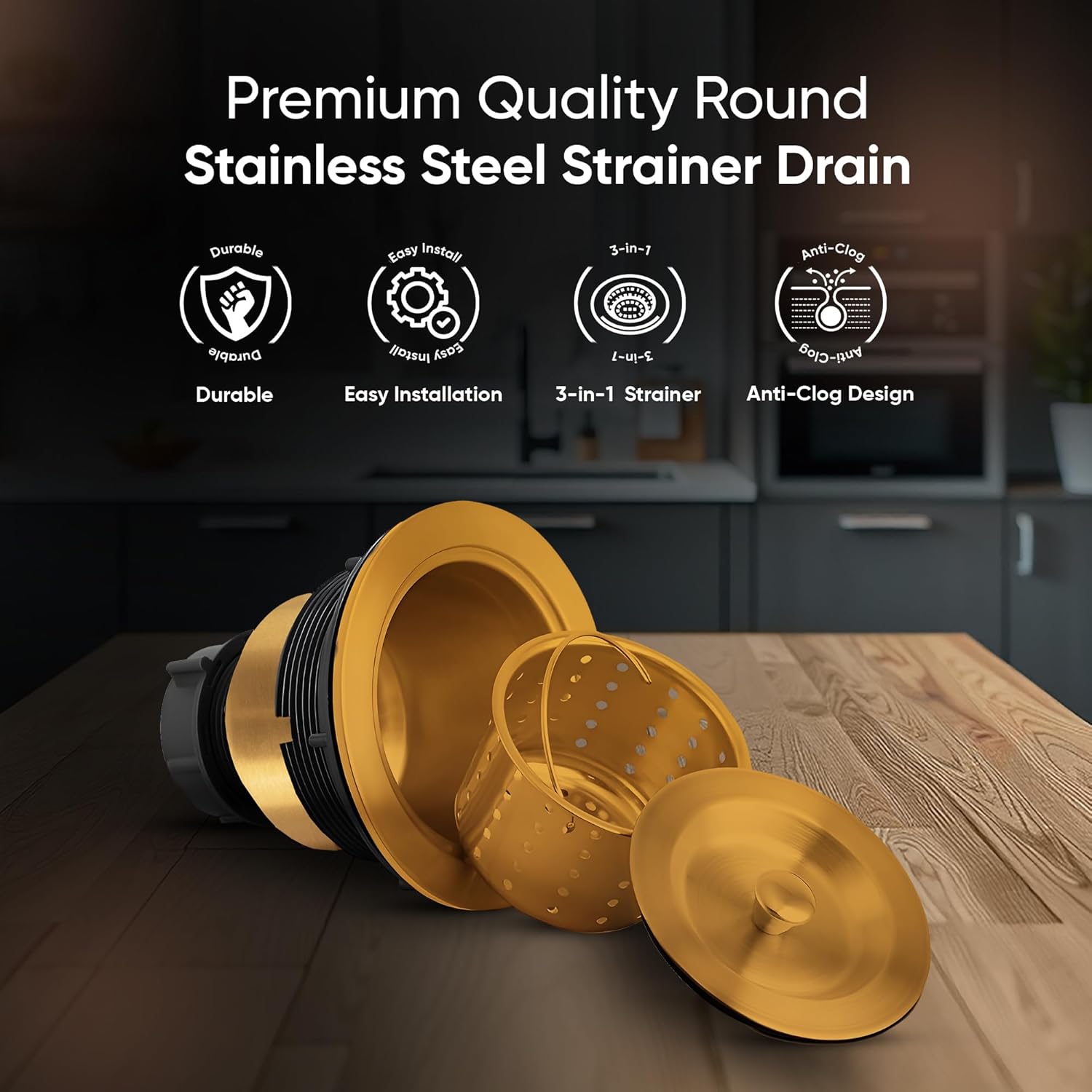 Strictly Sinks Sink Drain Strainer with Removable Basket - 3-1/2 Inch Stainless Steel Round Kitchen Sink Drain Assembly Kit with Deep Strainer Basket & Stopper (Gold)