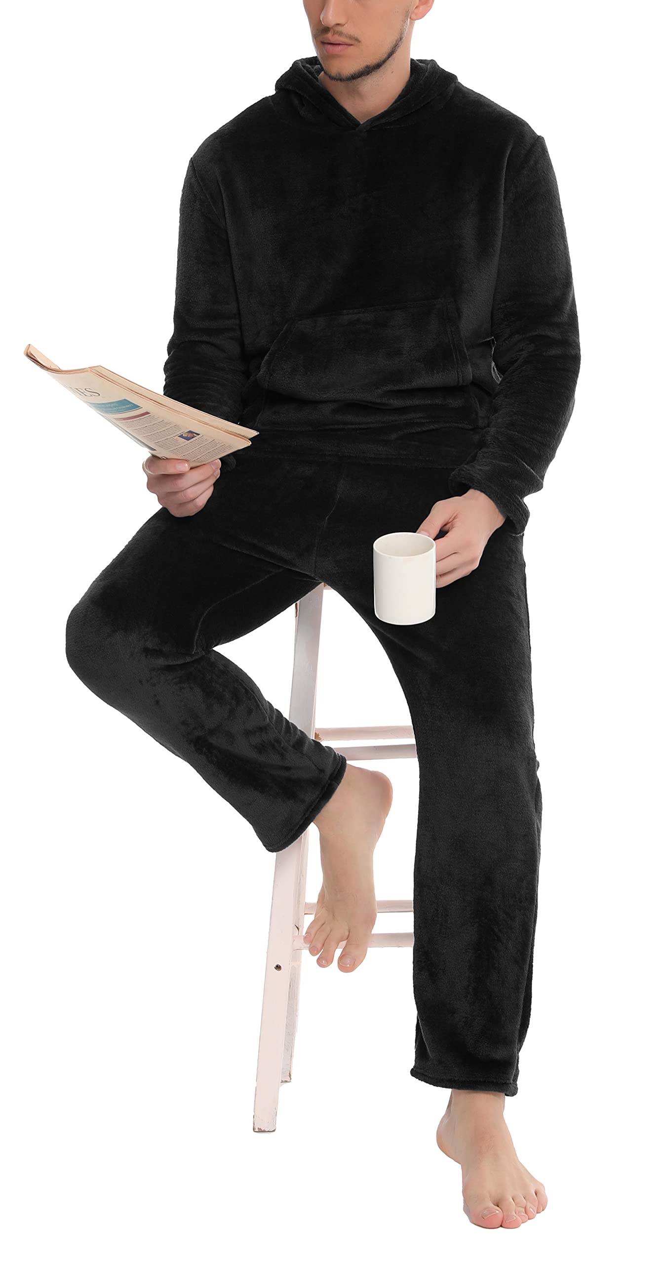 Lovasy Pigiama Pile Uomo Caldo con Cappuccio Pigiami Due Pezzi Invernale | Comodo Pigiama Lungo Completo Casual per Casa con Tasche S-XXL