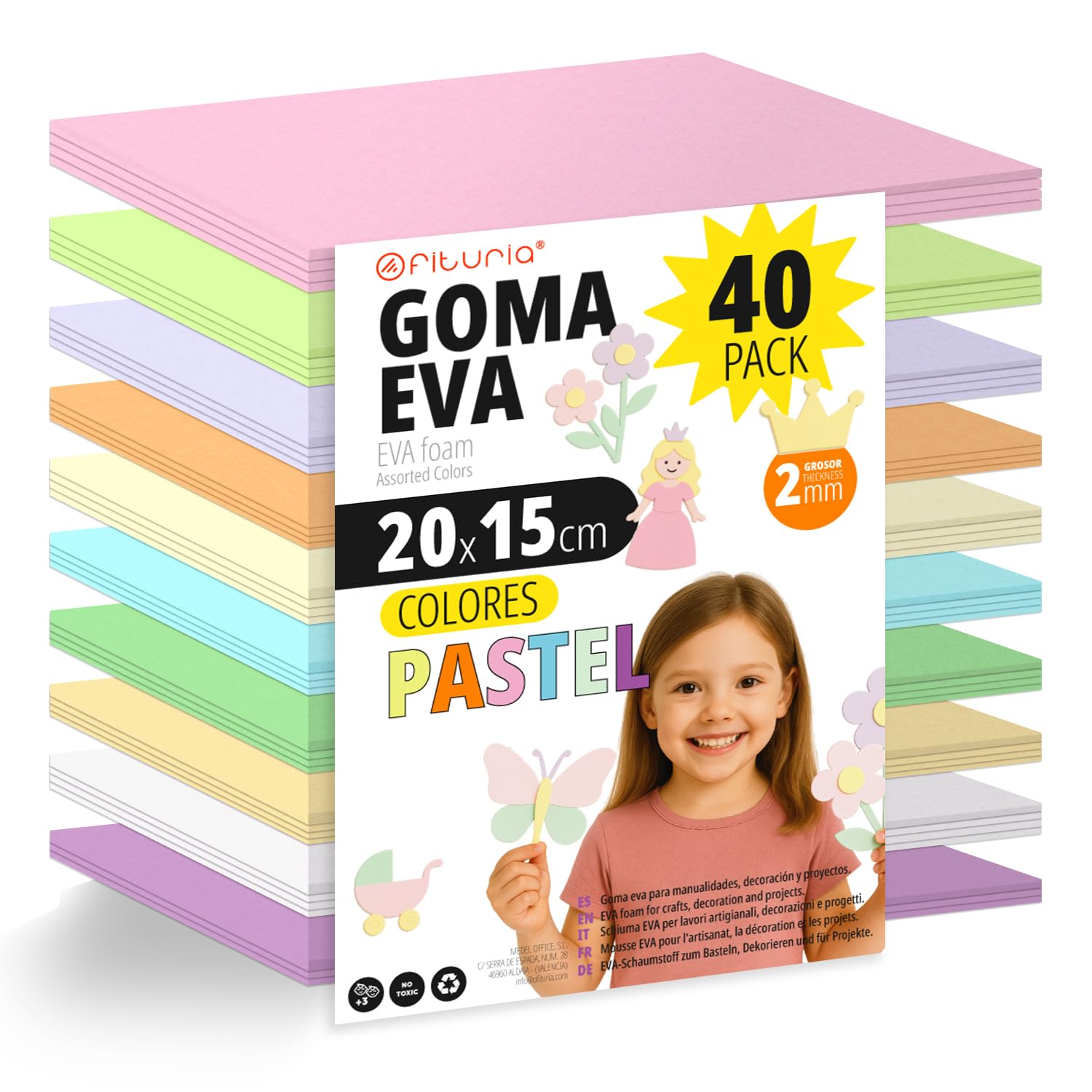 OFITURIA Pack of 40 Pastel EVA Rubber Sheets 20 x 15 cm 10 Assorted Colours for School or Professional Use, EVA Rubber (Pastel Assortment)