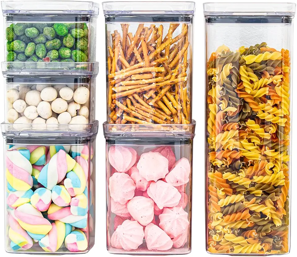 Kit 6 Potes Herméticos Acrílico Quadrado Empilháveis, Tampa de Vedação Silicone, Porta Alimentos e Mantimentos, Armário Cozinha Despensa