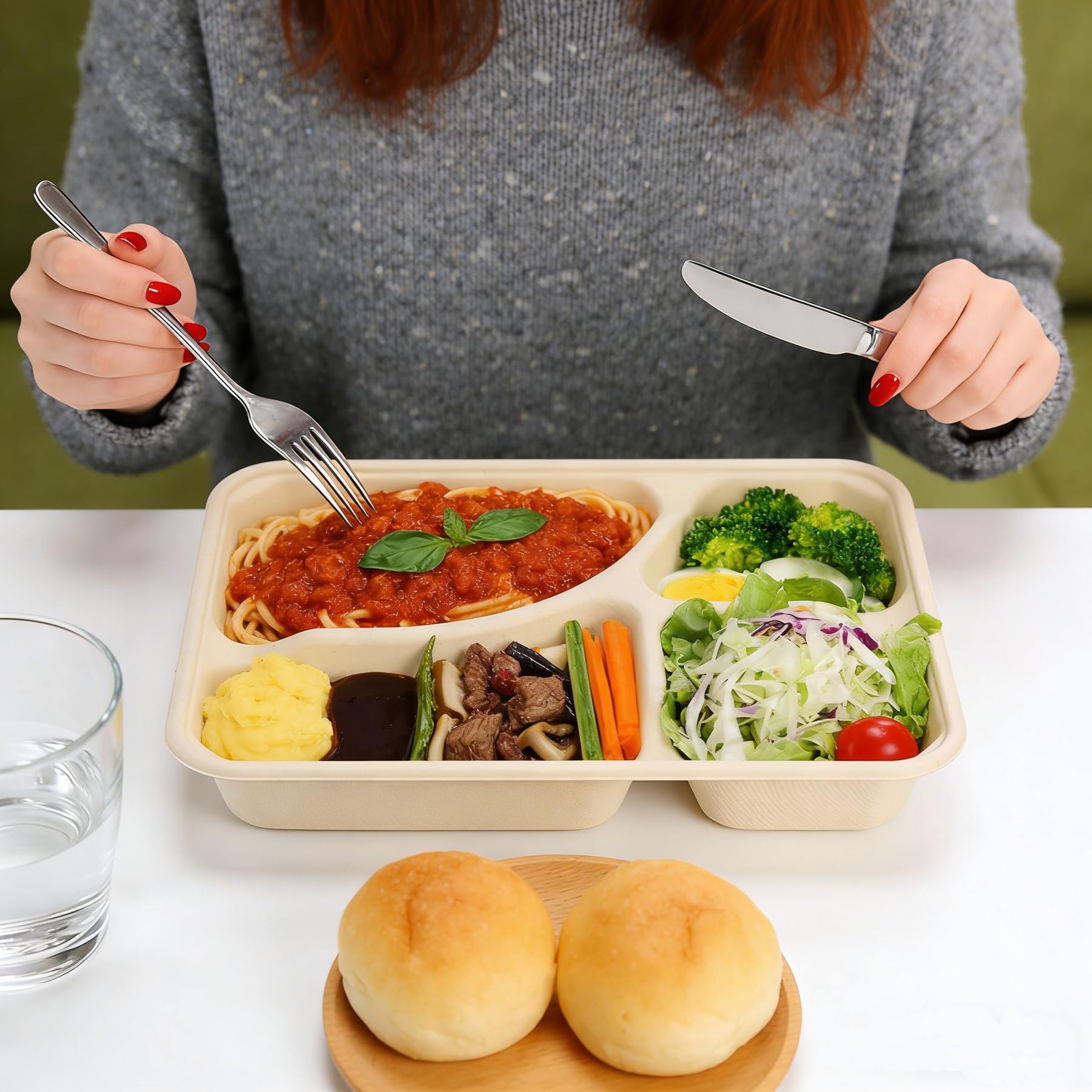 Paquete de 50 platos de papel compostables, plato de compartimento de caña de azúcar resistente, bandeja dividida apta para microondas para adultos, para preparación de comidas, bufés