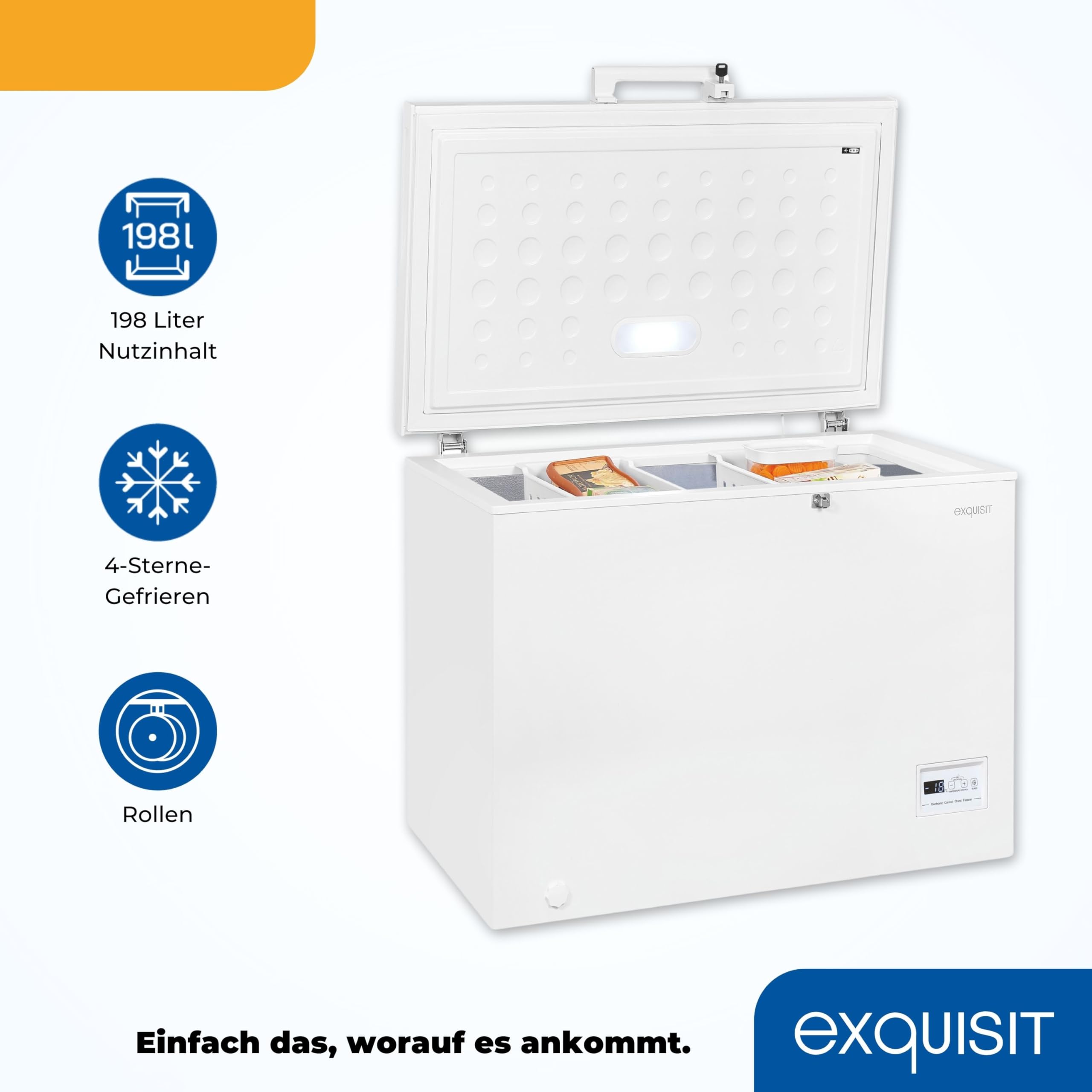 Exquisit GT200-HE-041C Gefriertruhe 198 L Weiss Energieeffizienz C 4-Sterne-Gefrierfach Schnellgefrieren LED-Licht Kompakt 84,5x102,6x61,6 cm