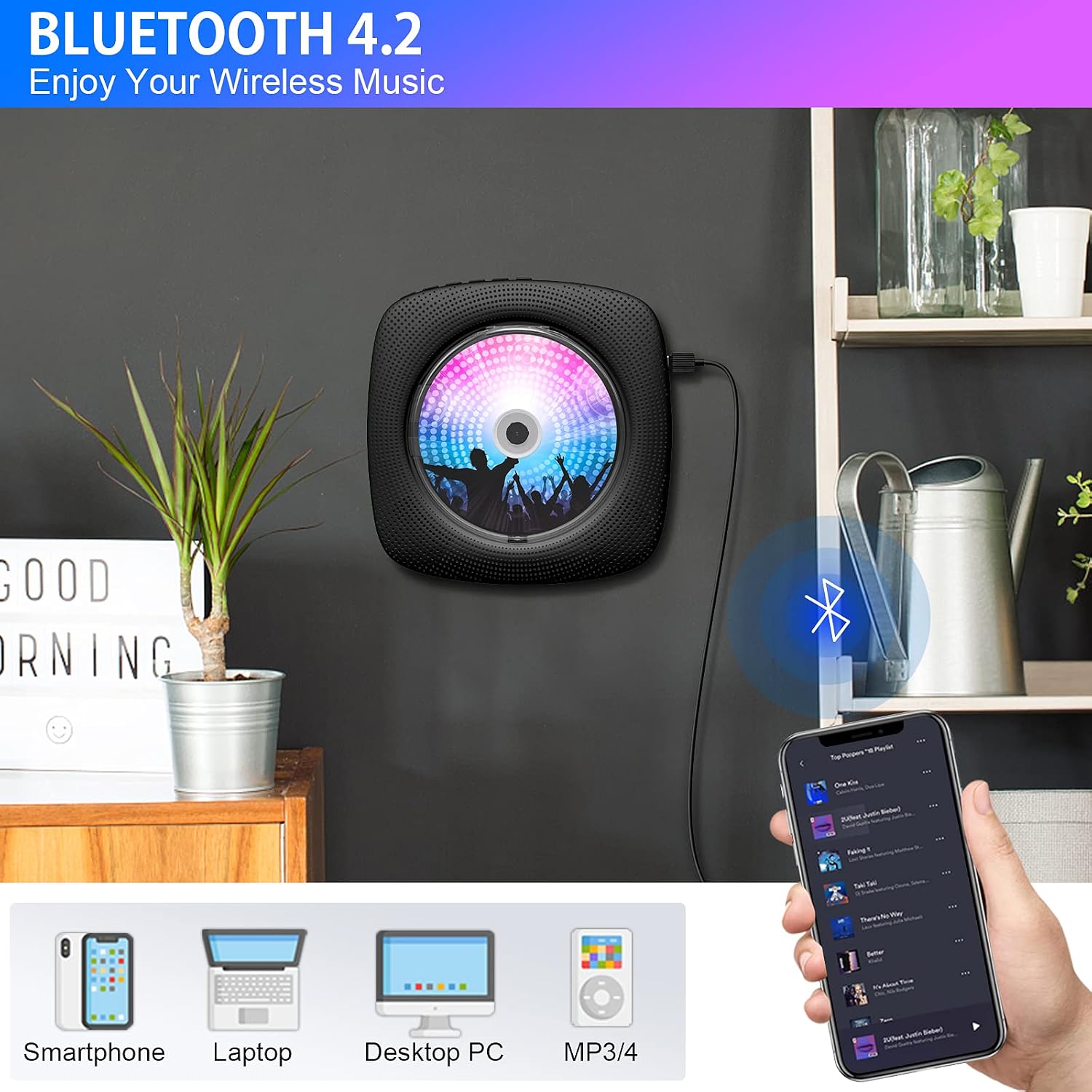 Gueray Portable CD Player with Bluetooth Wall Mountable Walkman Disc HiFi Speakers with Dust Cover with LCD Screen Display Home Audio FM Radio USB Music Player 3.5mm AUX Jack & Remote Control