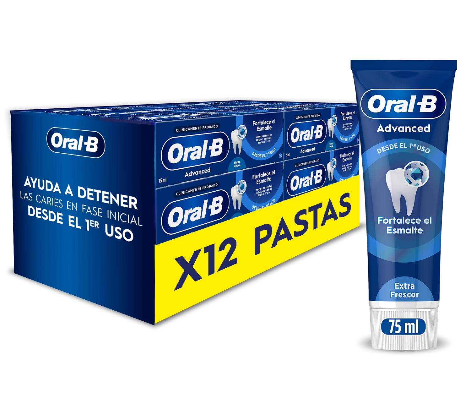 Oral-B Advanced Fortalece El Esmalte Pasta de Dientes, Pack 12x75 ml | Dentífrico Anticaries con Fluoruro de Estaño, Protege El Esmalte, Sabor Eucalipto Refrescante