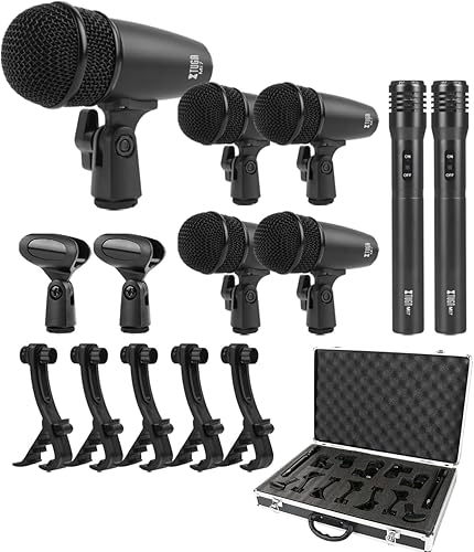 XTUGA MI7 Kit de micrófono de batería dinámico con cable de 7 piezas, metal entero, juego de micrófonos de bajo para batería vocal, otro instrumento
