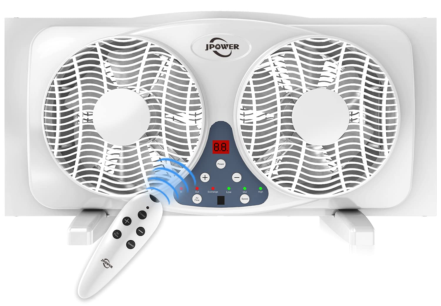 JPOWER 9 Inch Twin Window Fan With Remote, 3-Speed Reversible Air Quiet Flow and Thermostat Control,ETL Safety Listed