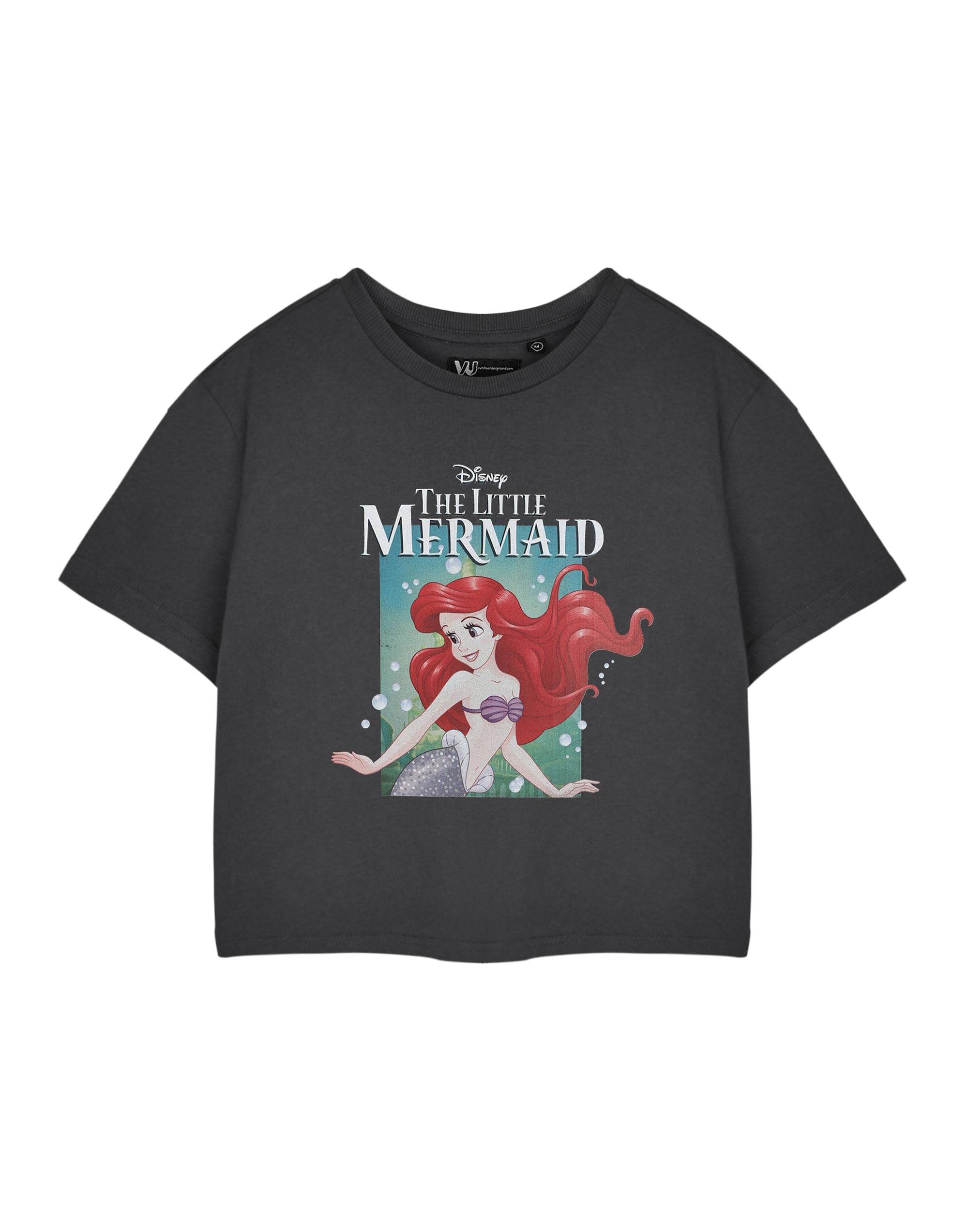 Disney Princess Ariel Womens Grey Cropped T-Shirt | The Little Mermaid Movie Graphic Tee with Bubbles for Adults